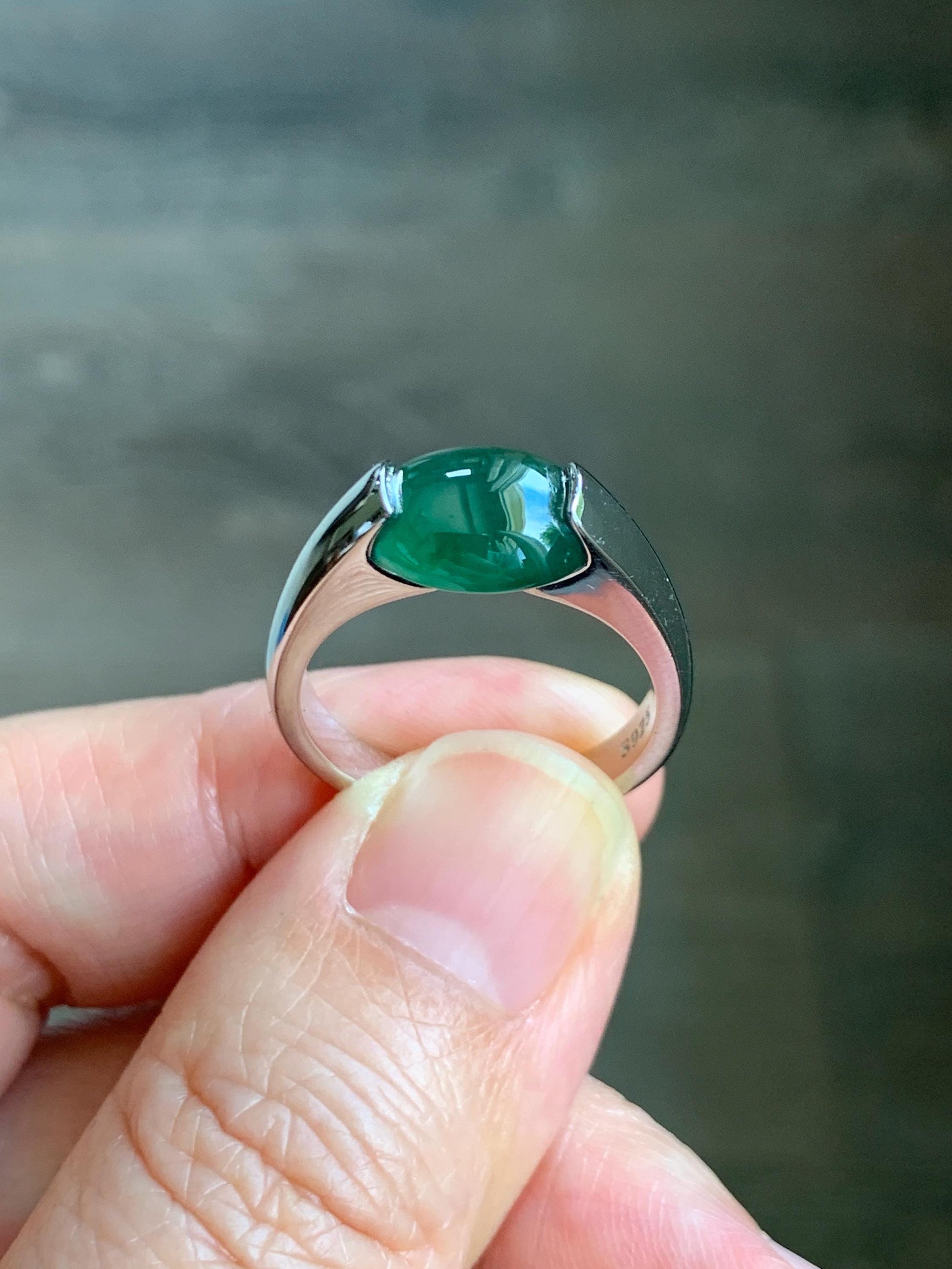 Natural Grade A Guatemalan Icy Translucent Teal Green Oval Cabochon Jade Jadeite Ring Sterling Silver Size 7.5 US 6g 天然冰危蓝绿翡翠银镶戒指 WHS512C