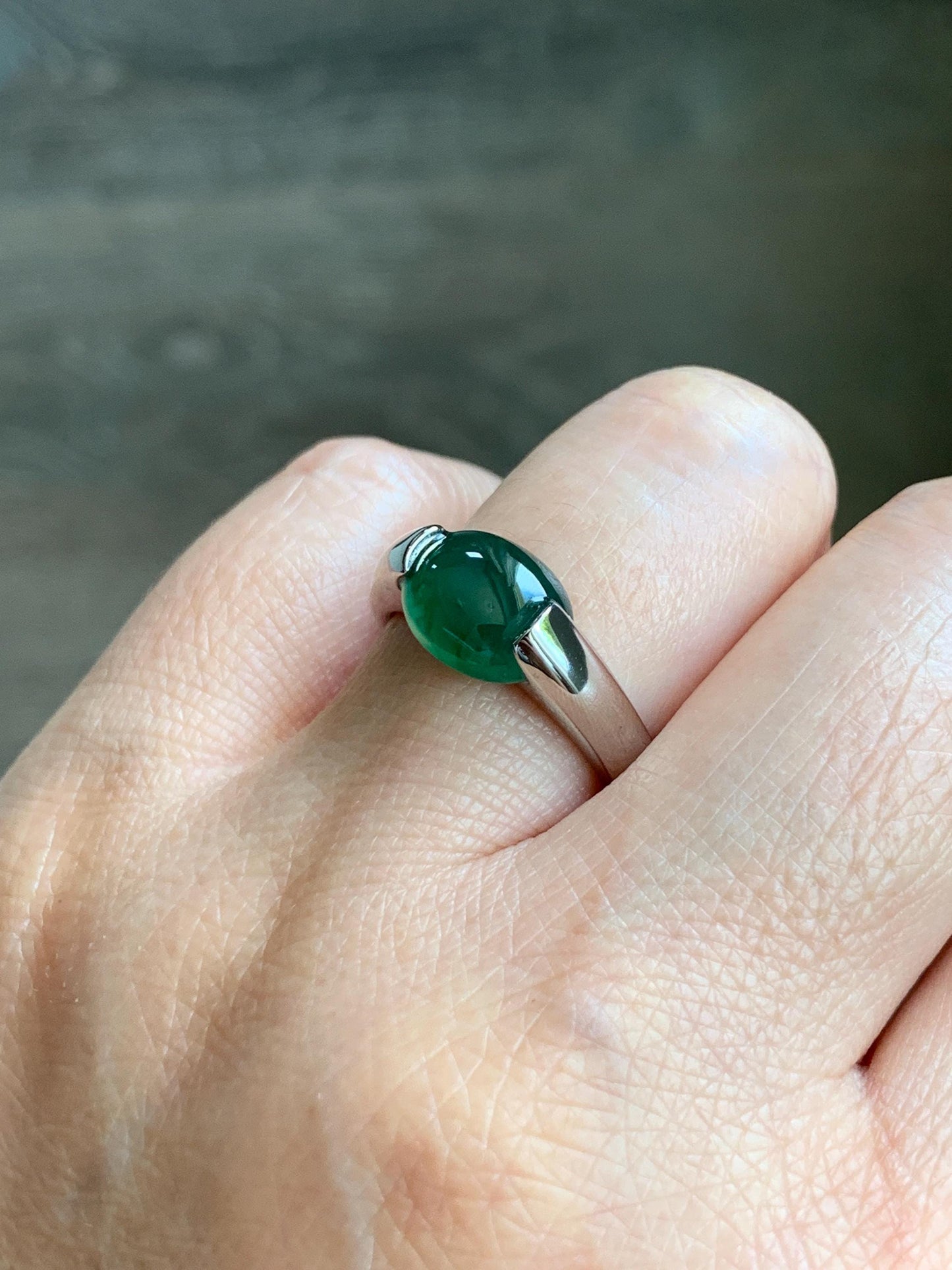 Natural Grade A Guatemalan Icy Translucent Teal Green Oval Cabochon Jade Jadeite Ring Sterling Silver Size 7.5 US 6g 天然冰危蓝绿翡翠银镶戒指 WHS512C
