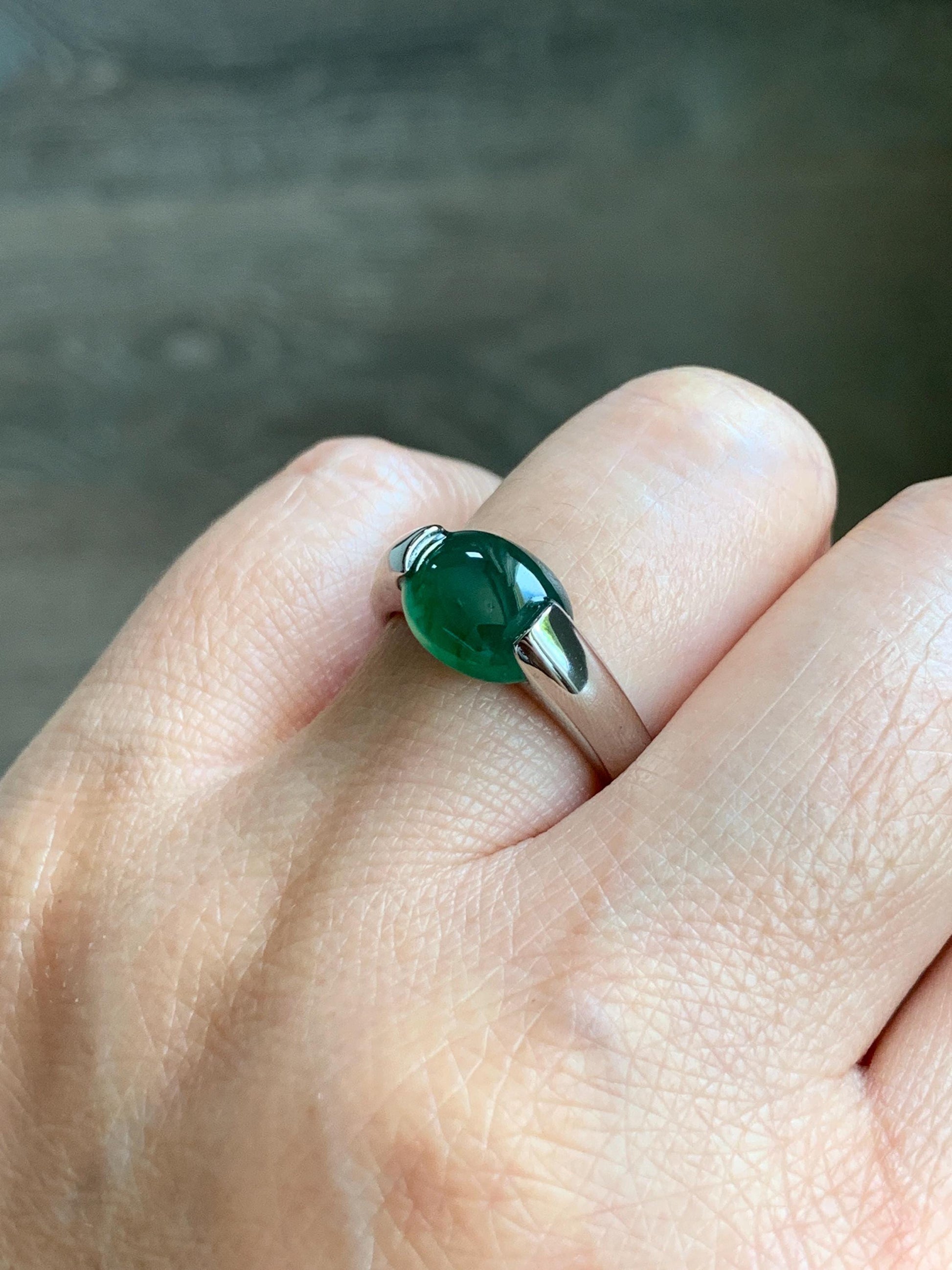 Natural Grade A Guatemalan Icy Translucent Teal Green Oval Cabochon Jade Jadeite Ring Sterling Silver Size 7.5 US 6g 天然冰危蓝绿翡翠银镶戒指 WHS512C