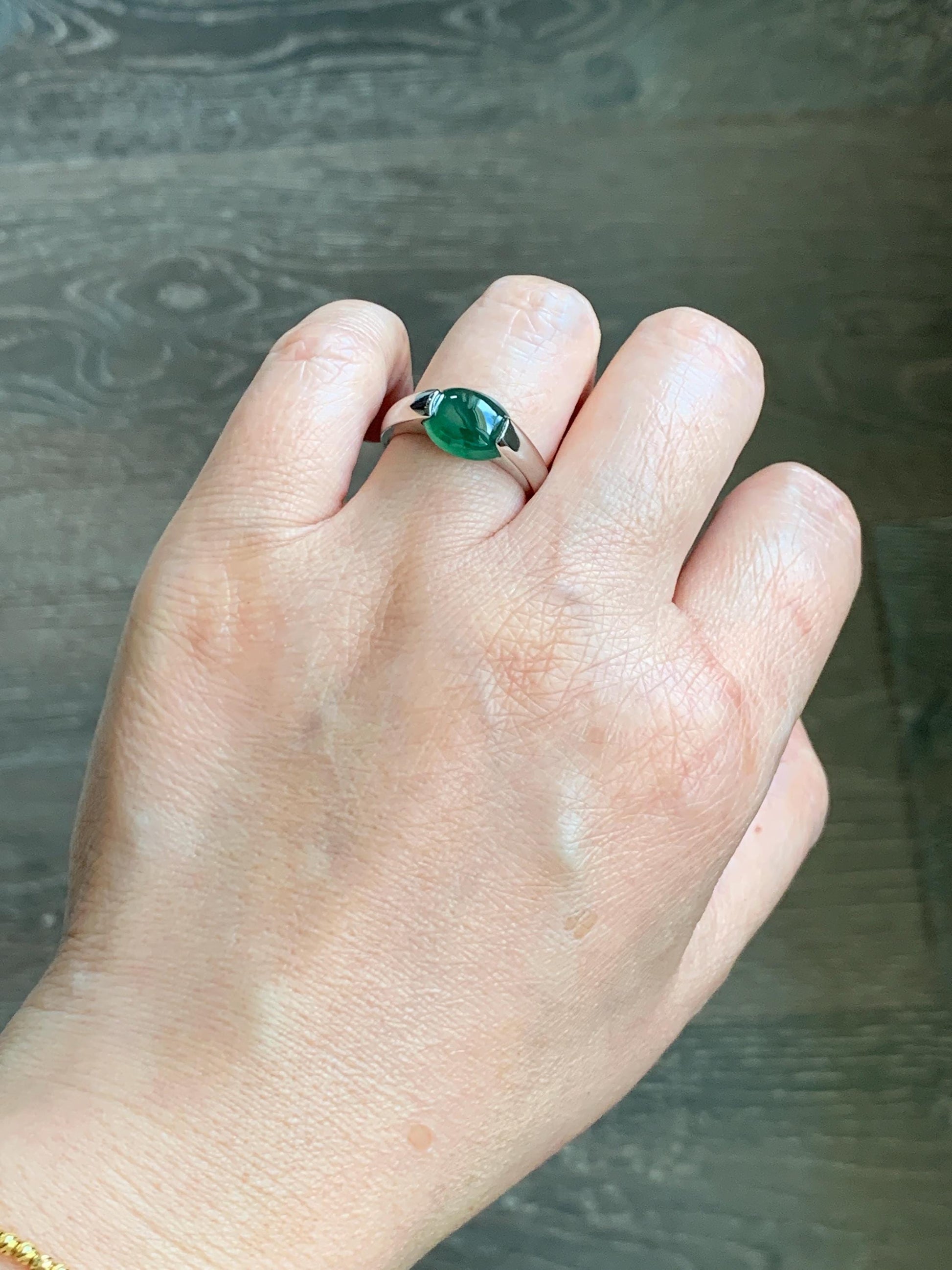 Natural Grade A Guatemalan Icy Translucent Teal Green Oval Cabochon Jade Jadeite Ring Sterling Silver Size 7.5 US 6g 天然冰危蓝绿翡翠银镶戒指 WHS512C