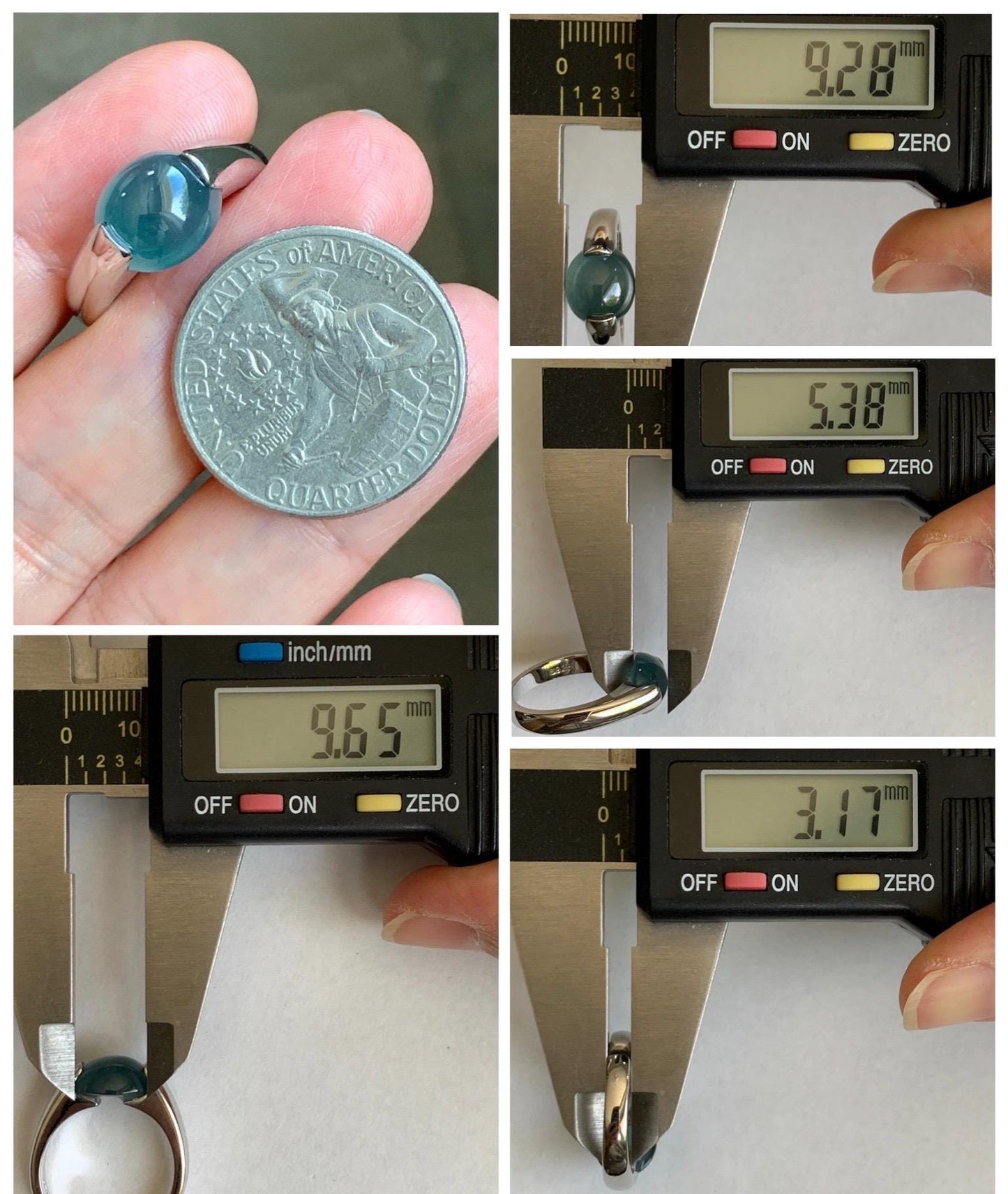 Natural Grade A Guatemalan Icy Translucent Dark Teal Blue Oval Cabochon Jade Jadeite Ring Sterling Silver Size 7.25 US 6g 天然冰危蓝绿翡翠银戒指WHS512D