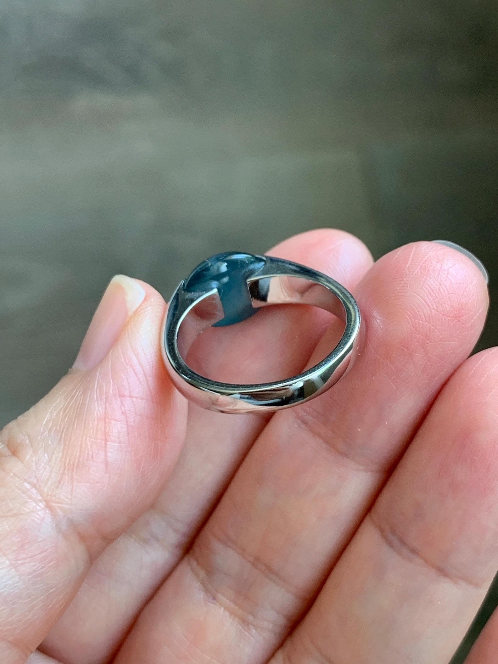 Natural Grade A Guatemalan Icy Translucent Dark Teal Blue Oval Cabochon Jade Jadeite Ring Sterling Silver Size 7.25 US 6g 天然冰危蓝绿翡翠银戒指WHS512D