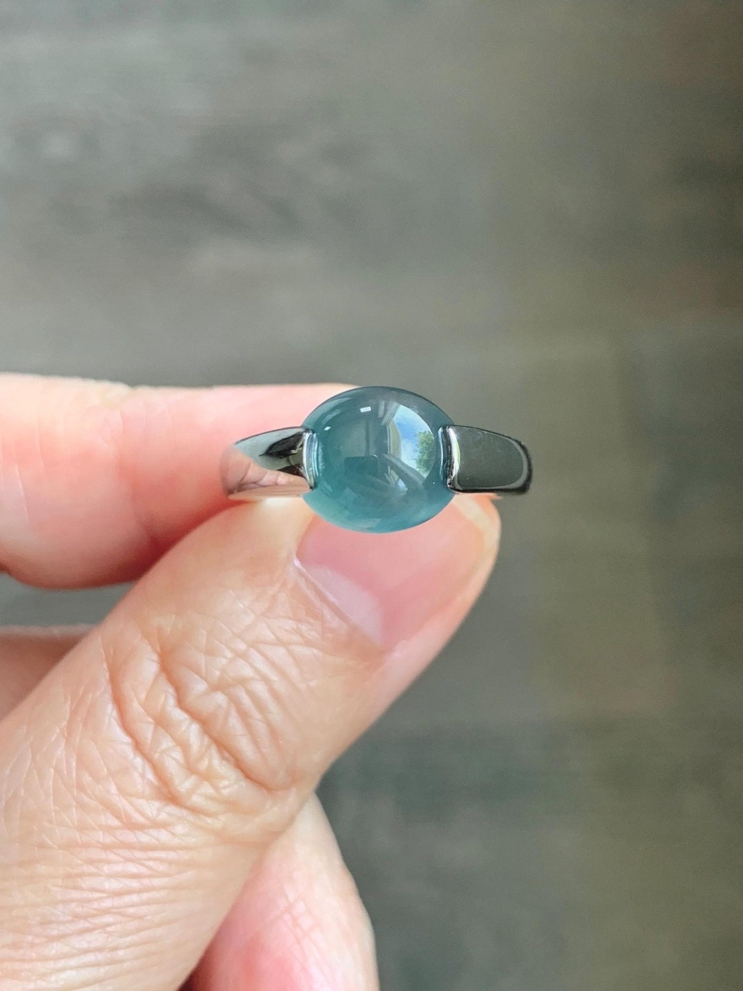 Natural Grade A Guatemalan Icy Translucent Dark Teal Blue Oval Cabochon Jade Jadeite Ring Sterling Silver Size 7.25 US 6g 天然冰危蓝绿翡翠银戒指WHS512D