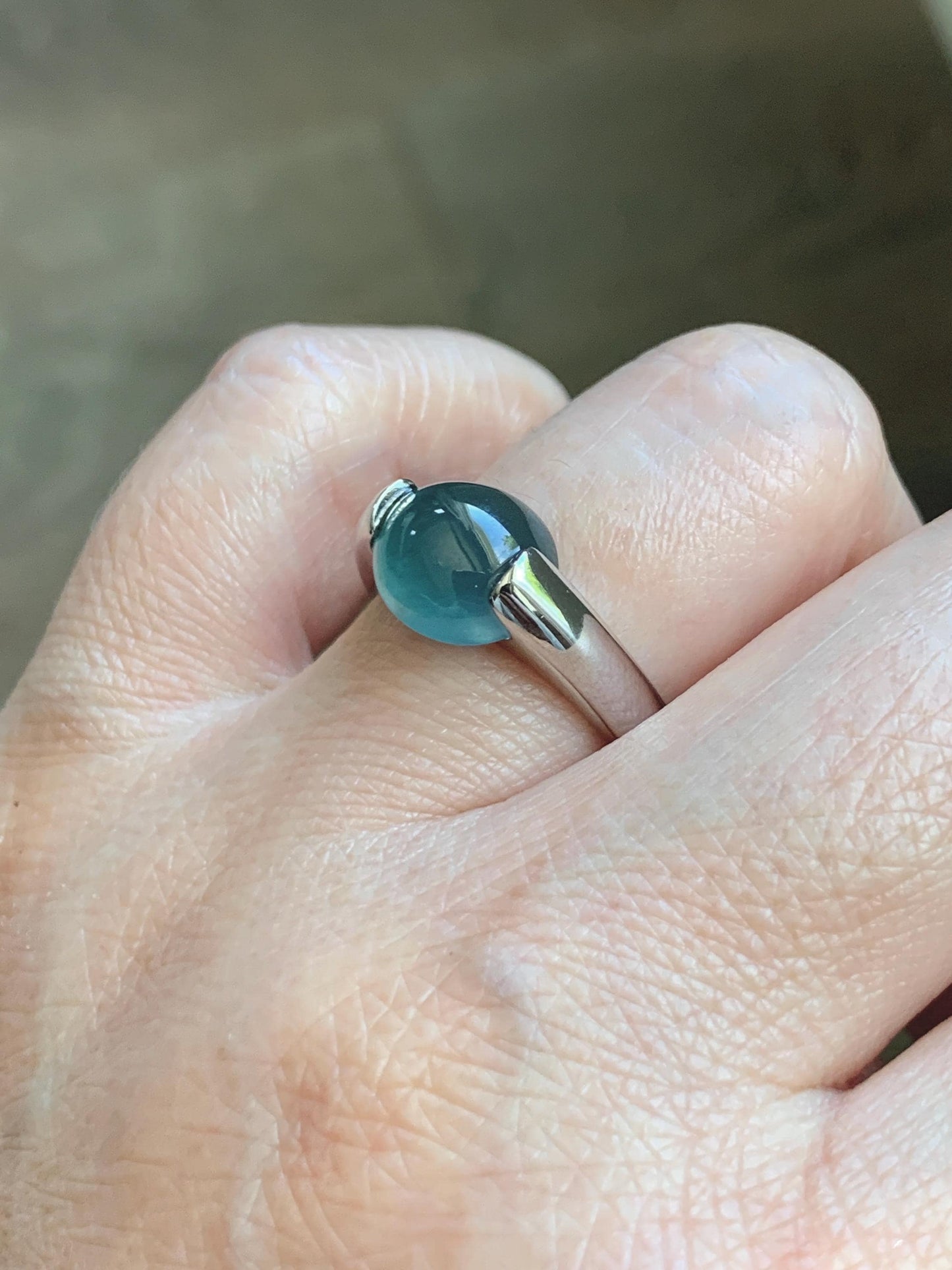 Natural Grade A Guatemalan Icy Translucent Dark Teal Blue Oval Cabochon Jade Jadeite Ring Sterling Silver Size 7.25 US 6g 天然冰危蓝绿翡翠银戒指WHS512D