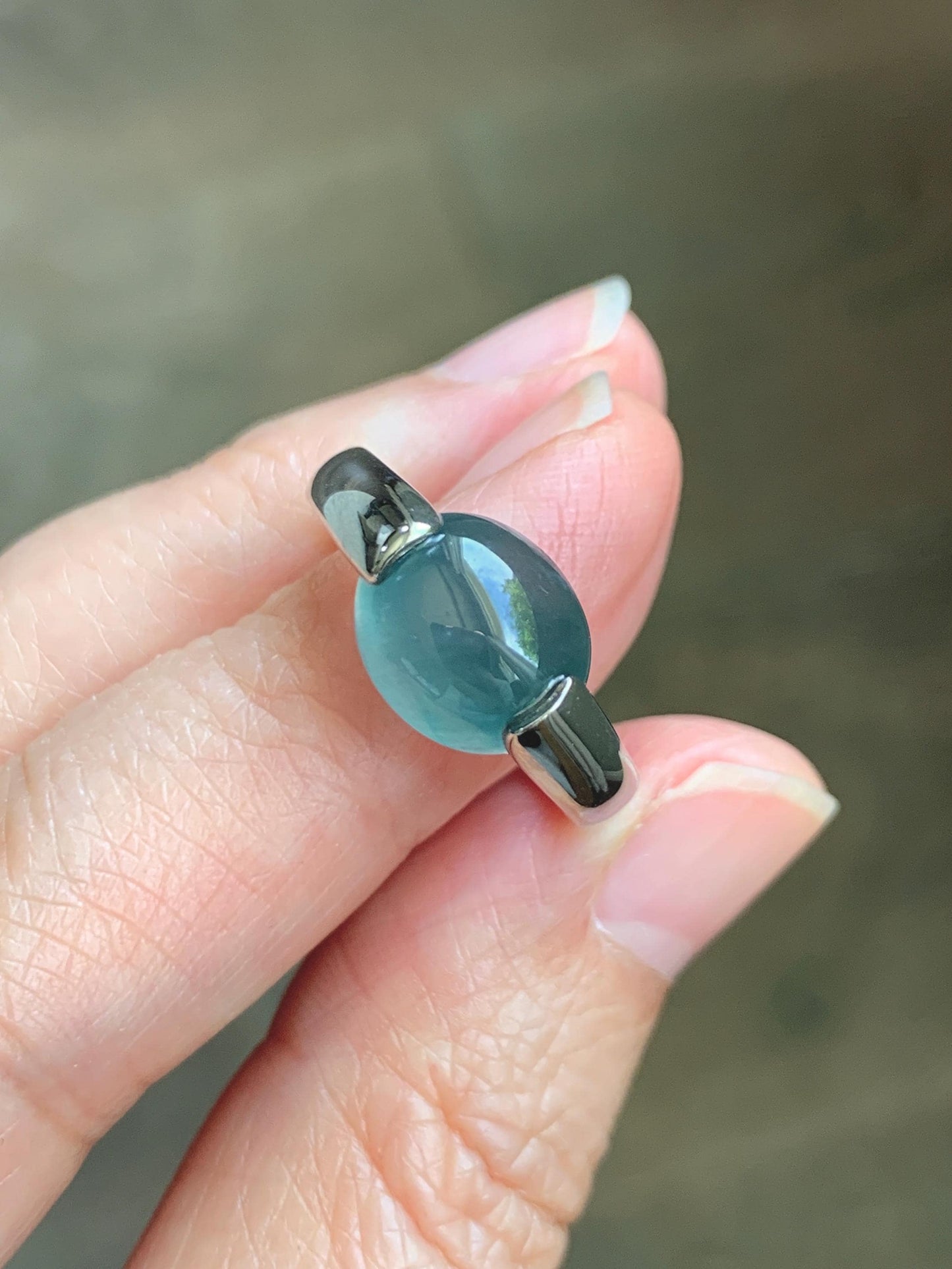 Natural Grade A Guatemalan Icy Translucent Dark Teal Blue Oval Cabochon Jade Jadeite Ring Sterling Silver Size 7.25 US 6g 天然冰危蓝绿翡翠银戒指WHS512D