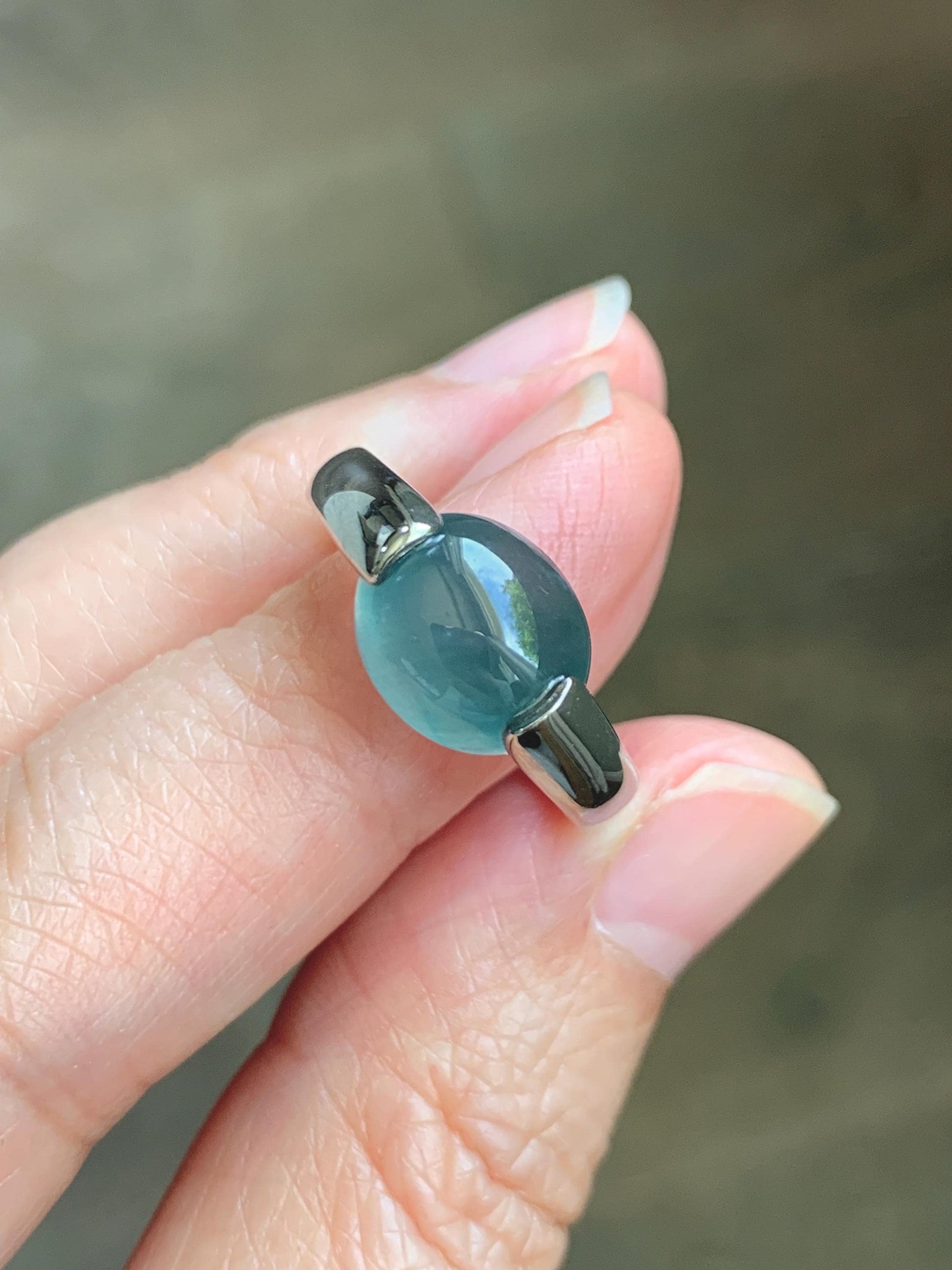Natural Grade A Guatemalan Icy Translucent Dark Teal Blue Oval Cabochon Jade Jadeite Ring Sterling Silver Size 7.25 US 6g 天然冰危蓝绿翡翠银戒指WHS512D