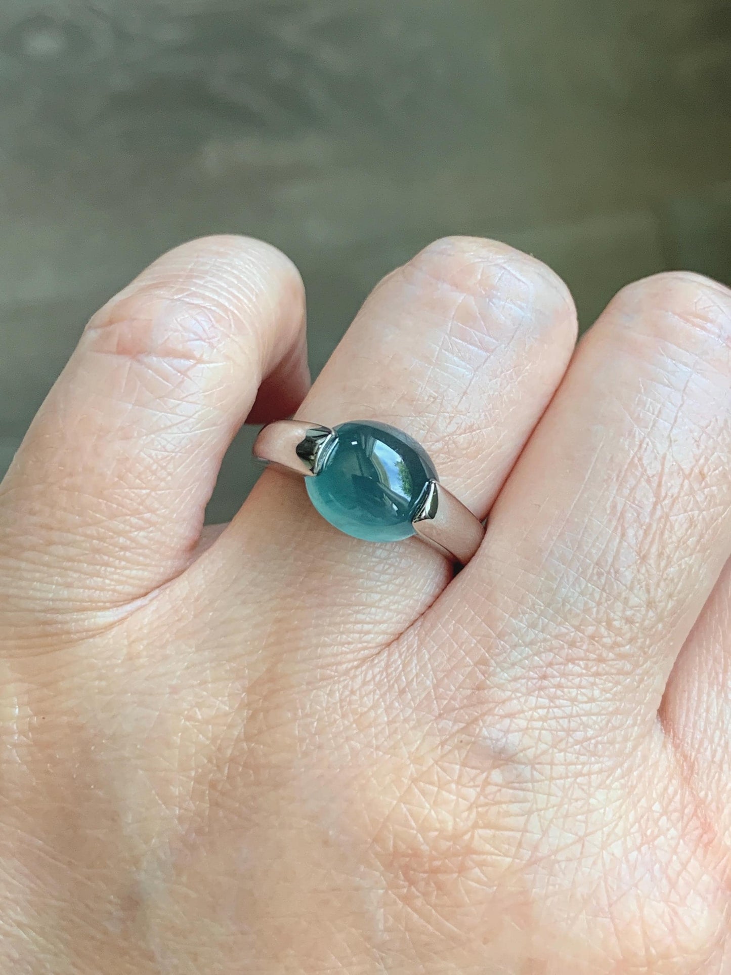 Natural Grade A Guatemalan Icy Translucent Dark Teal Blue Oval Cabochon Jade Jadeite Ring Sterling Silver Size 7.25 US 6g 天然冰危蓝绿翡翠银戒指WHS512D