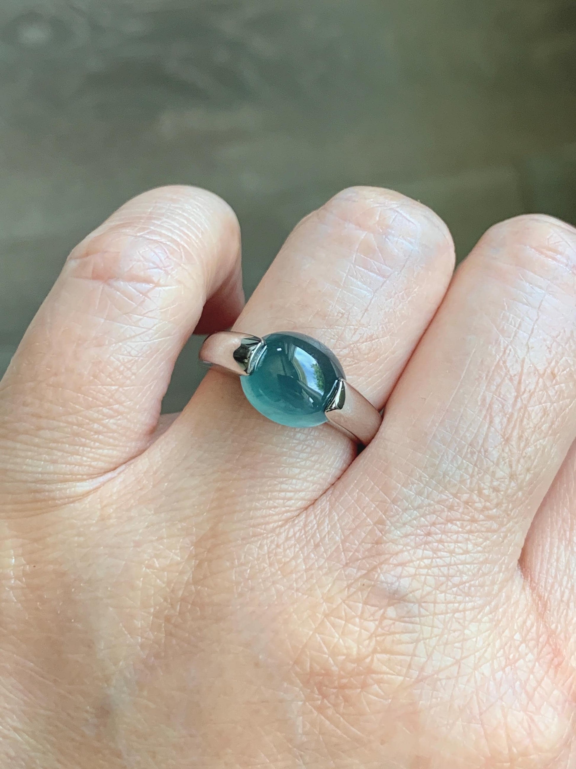 Natural Grade A Guatemalan Icy Translucent Dark Teal Blue Oval Cabochon Jade Jadeite Ring Sterling Silver Size 7.25 US 6g 天然冰危蓝绿翡翠银戒指WHS512D