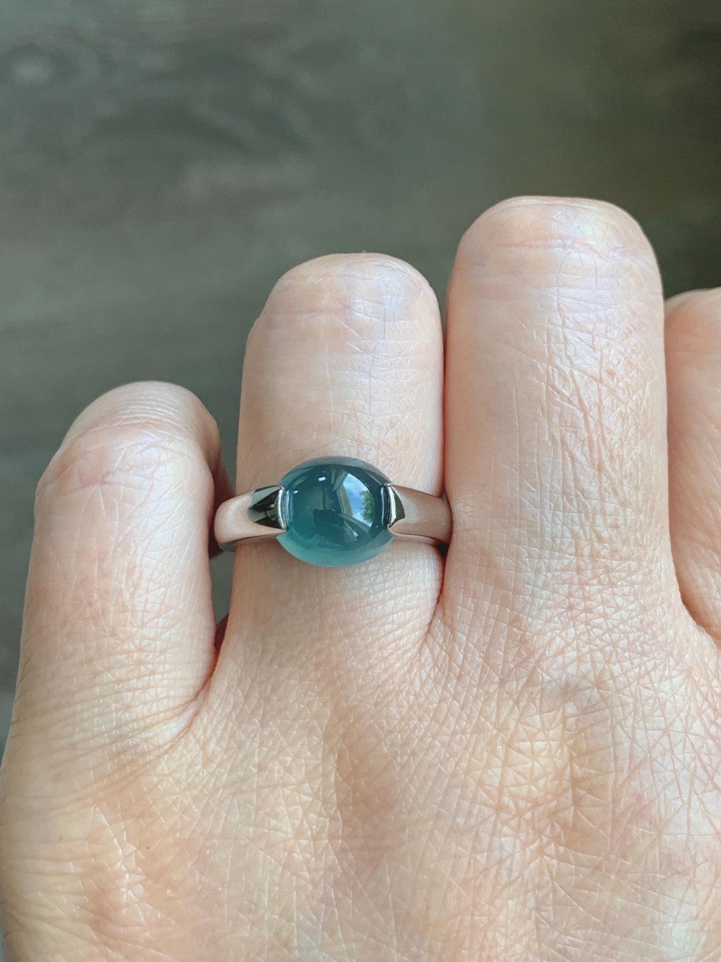 Natural Grade A Guatemalan Icy Translucent Dark Teal Blue Oval Cabochon Jade Jadeite Ring Sterling Silver Size 7.25 US 6g 天然冰危蓝绿翡翠银戒指WHS512D