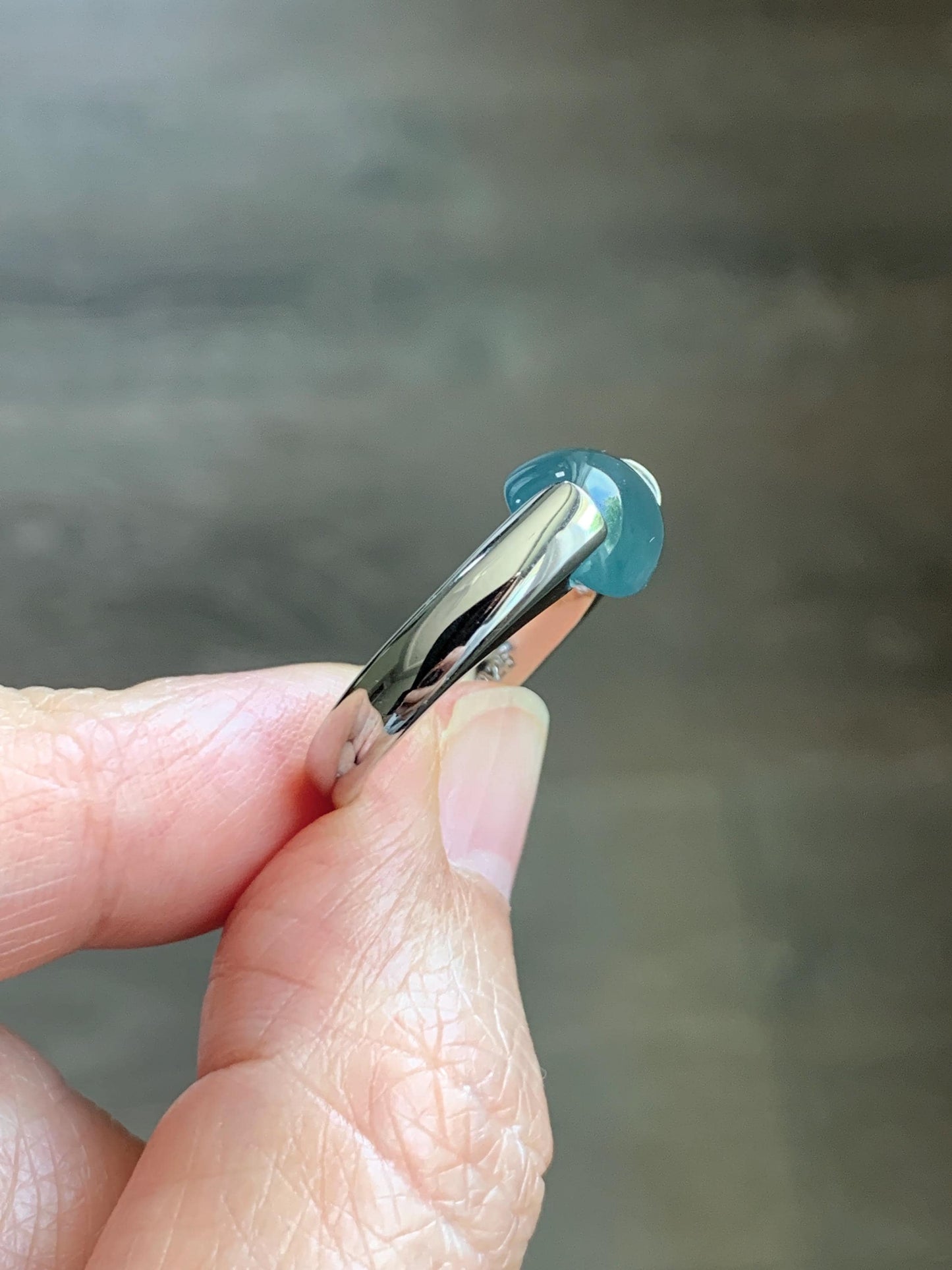 Natural Grade A Guatemalan Icy Translucent Dark Teal Blue Oval Cabochon Jade Jadeite Ring Sterling Silver Size 7.25 US 6g 天然冰危蓝绿翡翠银戒指WHS512D
