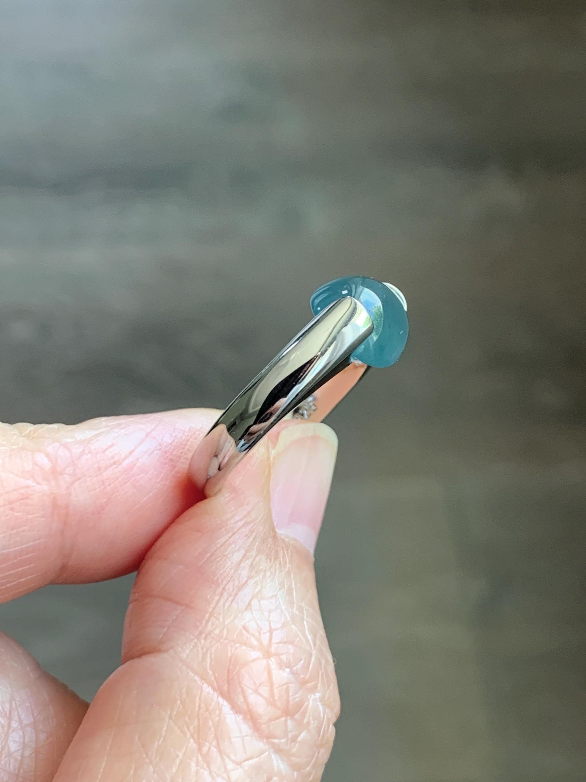 Natural Grade A Guatemalan Icy Translucent Dark Teal Blue Oval Cabochon Jade Jadeite Ring Sterling Silver Size 7.25 US 6g 天然冰危蓝绿翡翠银戒指WHS512D
