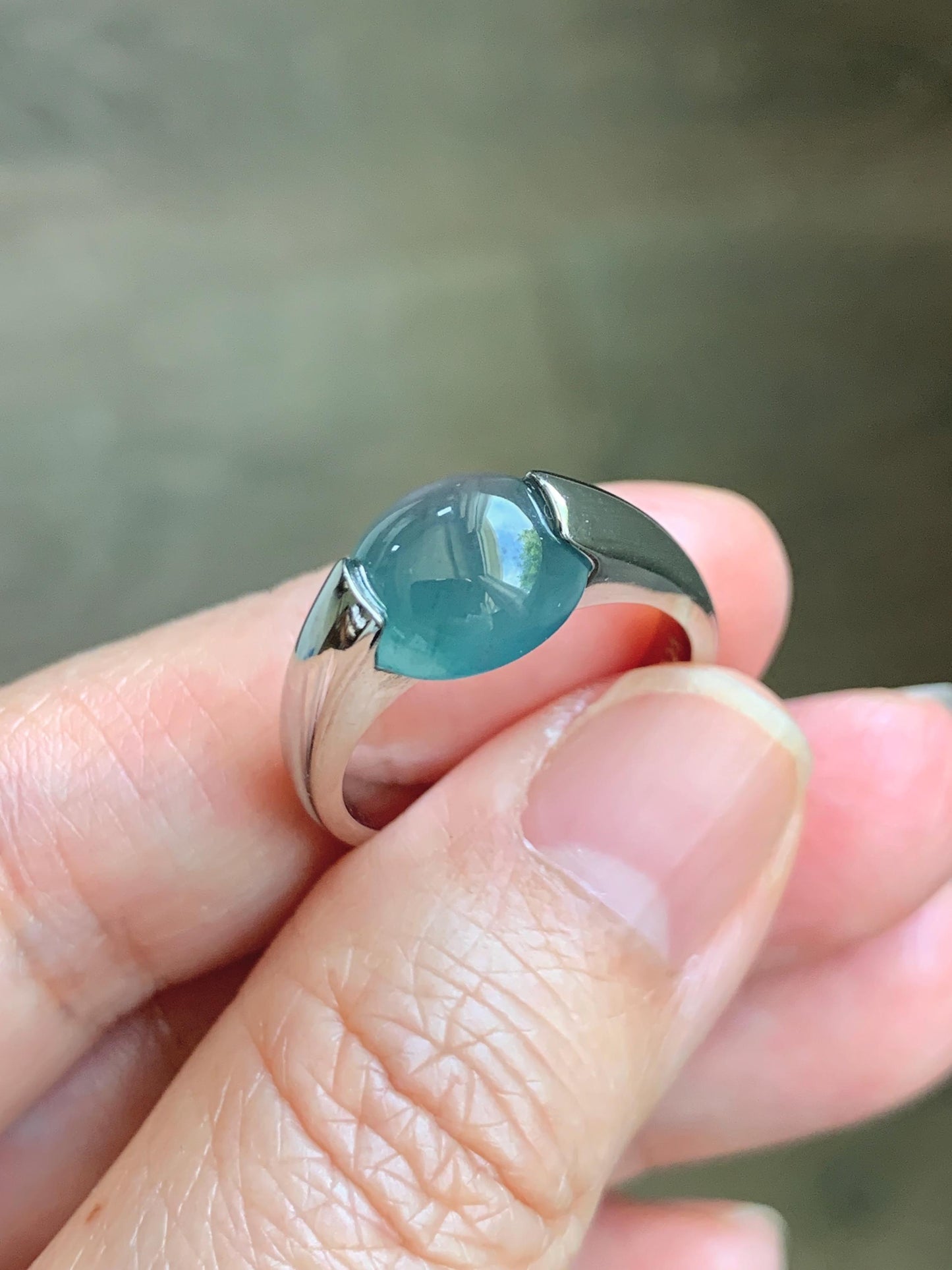 Natural Grade A Guatemalan Icy Translucent Dark Teal Blue Oval Cabochon Jade Jadeite Ring Sterling Silver Size 7.25 US 6g 天然冰危蓝绿翡翠银戒指WHS512D
