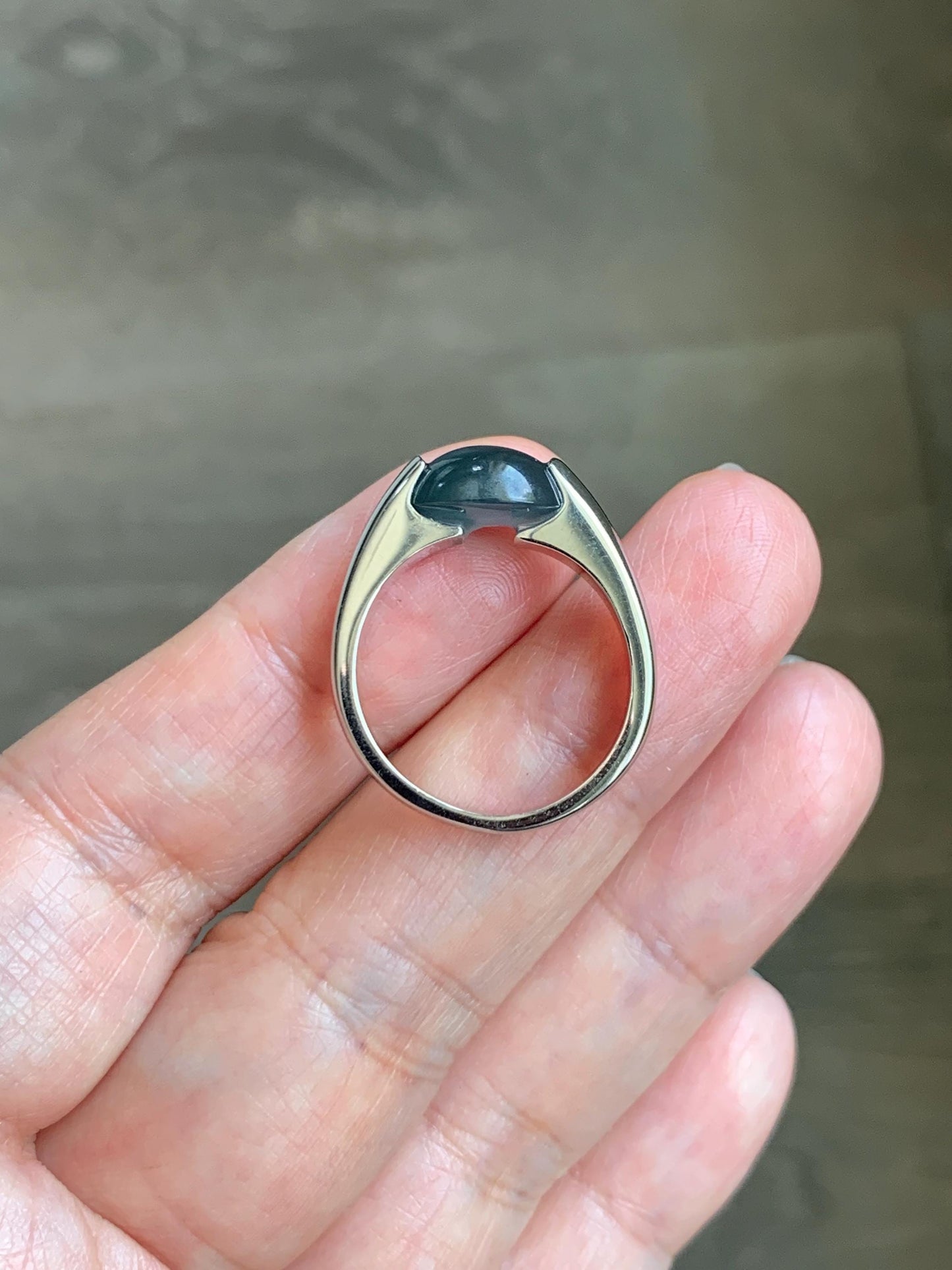 Natural Grade A Guatemalan Icy Translucent Dark Teal Blue Oval Cabochon Jade Jadeite Ring Sterling Silver Size 7.25 US 6g 天然冰危蓝绿翡翠银戒指WHS512D