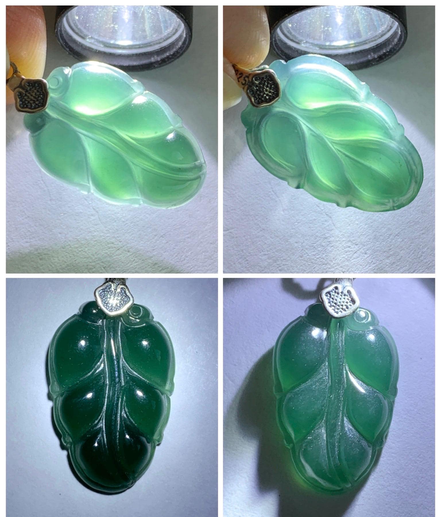 Natural Grade A Guatemalan Icy Translucent Dark Teal Blue Jade Jadeite Carved Leaf Small Pendant Sterling Silver 天然冰胶危深蓝翡翠大叶有成银镶吊坠 WLD55B