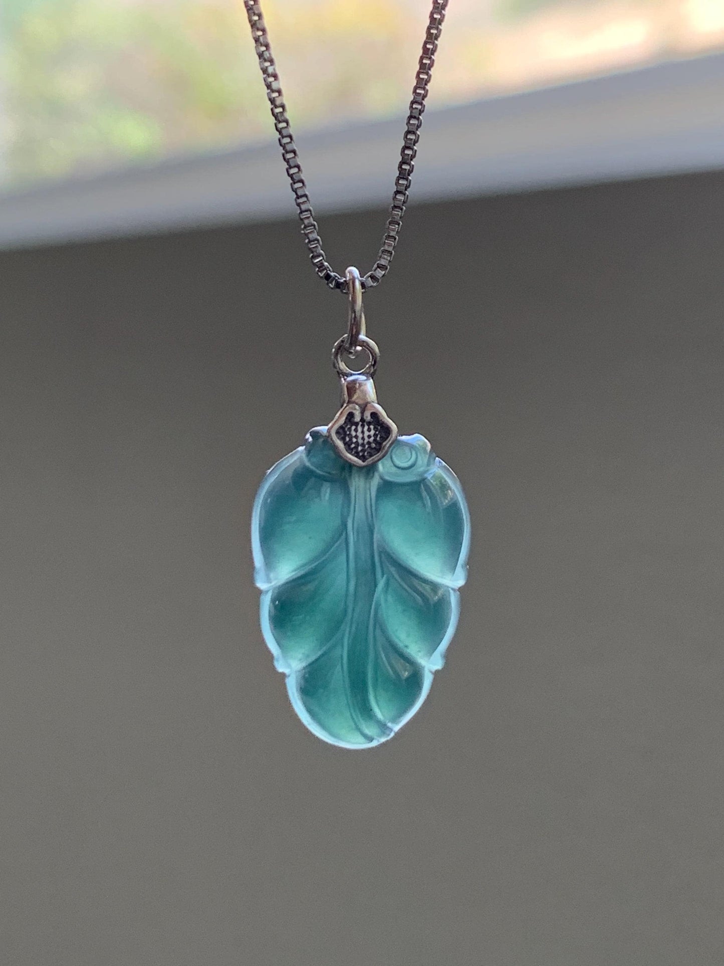 Natural Grade A Guatemalan Icy Translucent Dark Teal Blue Jade Jadeite Carved Leaf Small Pendant Sterling Silver 天然冰胶危深蓝翡翠大叶有成银镶吊坠 WLD55B