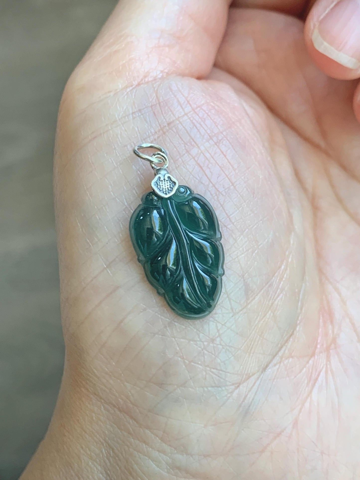 Natural Grade A Guatemalan Icy Translucent Dark Teal Blue Jade Jadeite Carved Leaf Small Pendant Sterling Silver 天然冰胶危深蓝翡翠大叶有成银镶吊坠 WLD55B