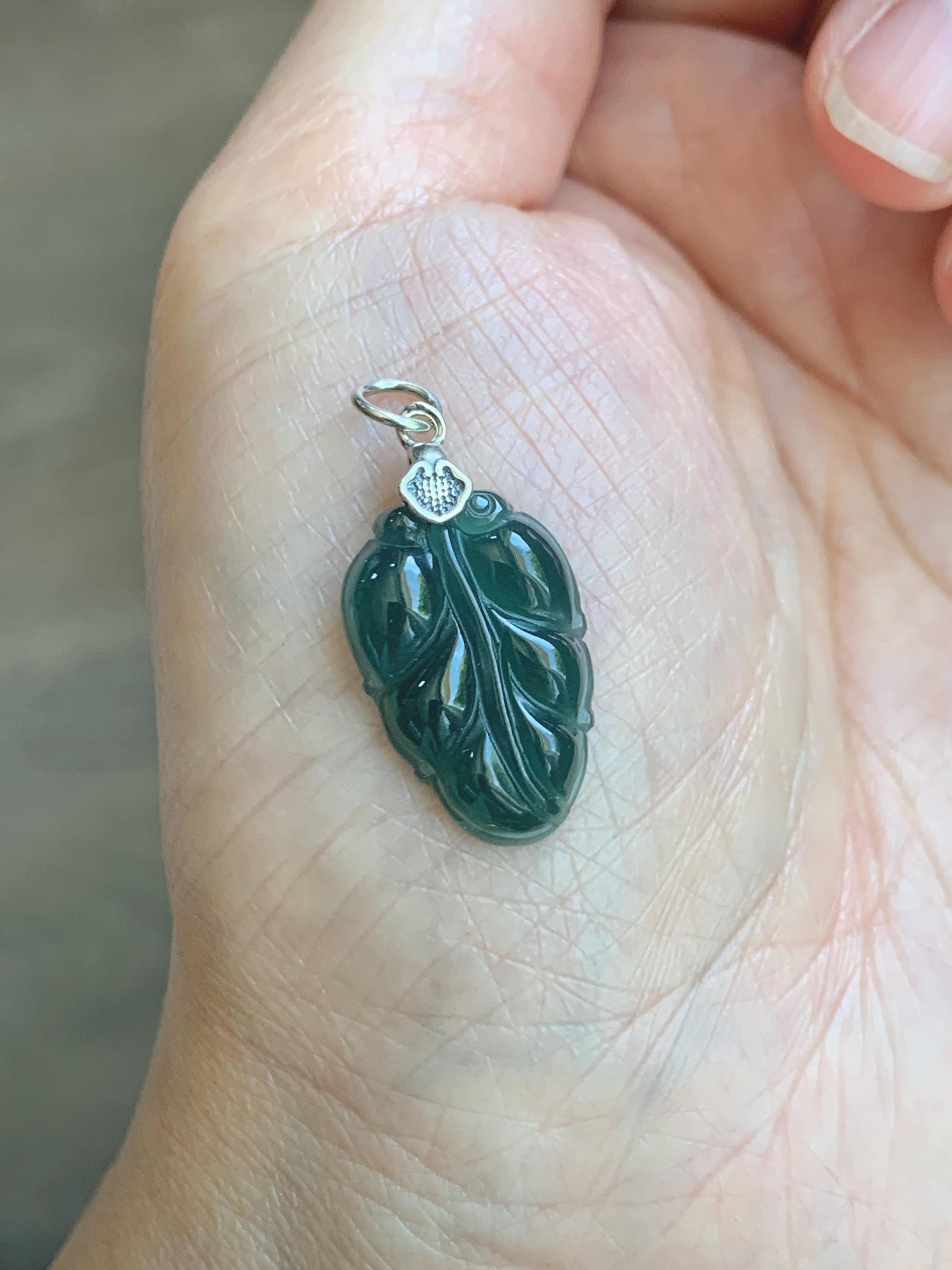 Natural Grade A Guatemalan Icy Translucent Dark Teal Blue Jade Jadeite Carved Leaf Small Pendant Sterling Silver 天然冰胶危深蓝翡翠大叶有成银镶吊坠 WLD55B