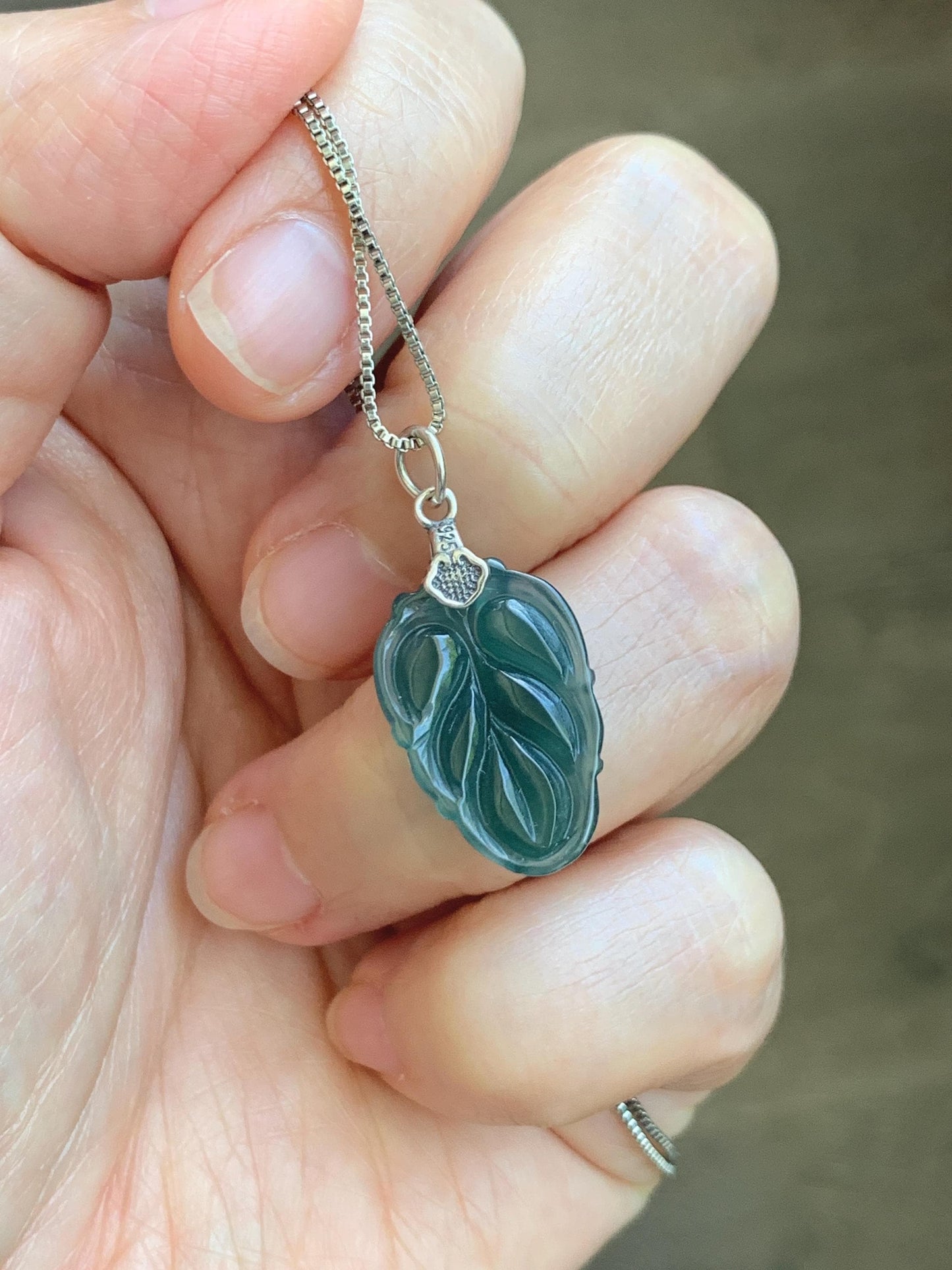 Natural Grade A Guatemalan Icy Translucent Dark Teal Blue Jade Jadeite Carved Leaf Small Pendant Sterling Silver 天然冰胶危深蓝翡翠大叶有成银镶吊坠 WLD55B