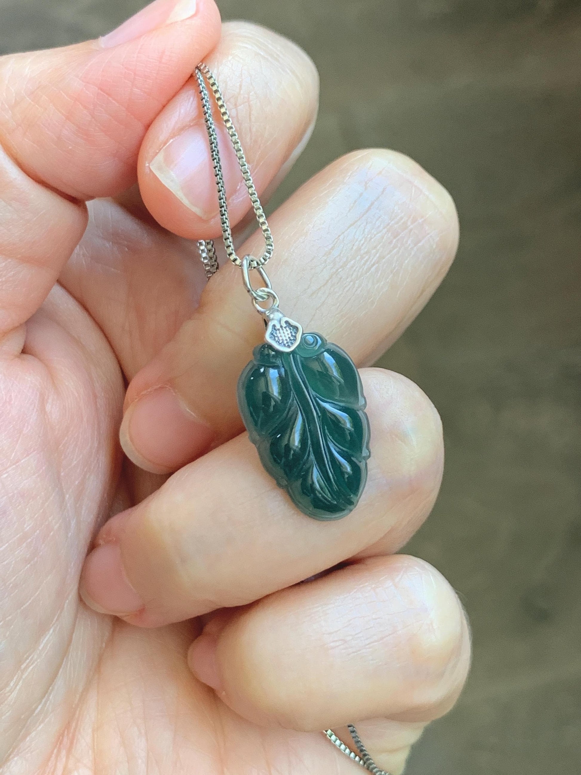 Natural Grade A Guatemalan Icy Translucent Dark Teal Blue Jade Jadeite Carved Leaf Small Pendant Sterling Silver 天然冰胶危深蓝翡翠大叶有成银镶吊坠 WLD55B