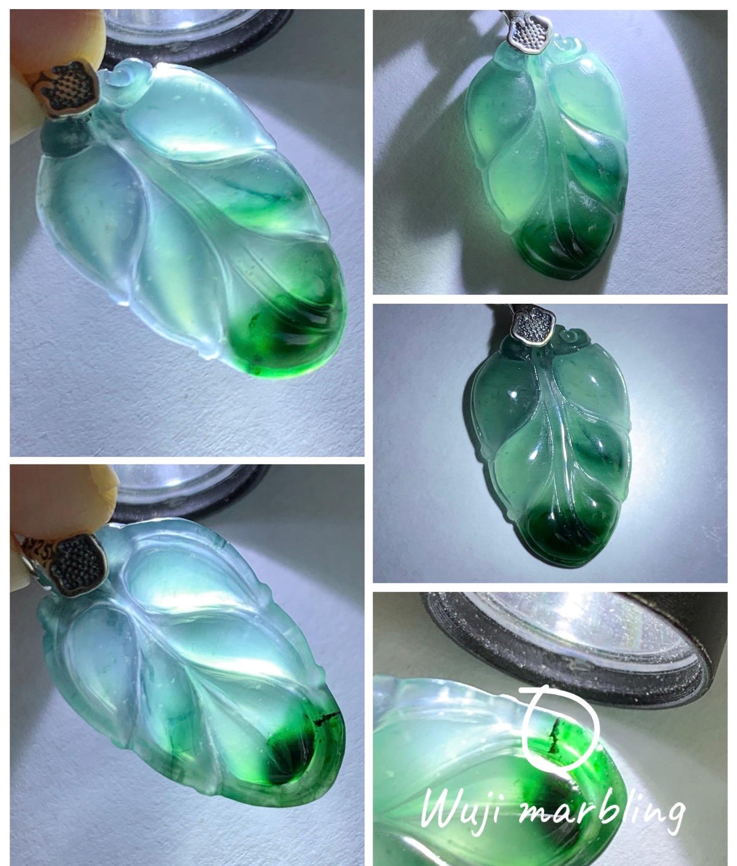 Natural Grade A Guatemalan Icy Translucent Teal Dark Green Marbled Jade Jadeite Carved Leaf Pendant Sterling Silver 天然冰胶危深蓝翡翠大叶有成银镶吊坠 WLD55C