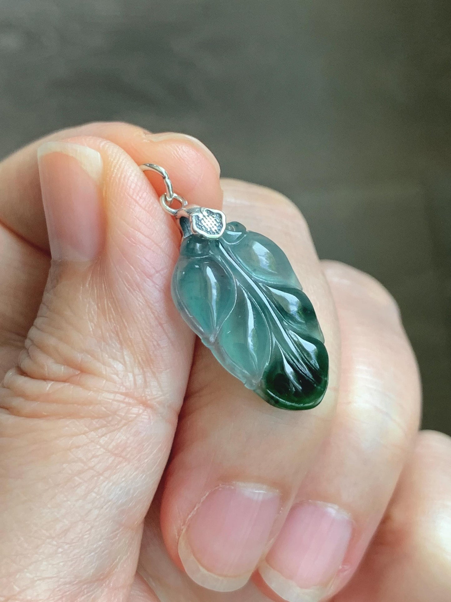 Natural Grade A Guatemalan Icy Translucent Teal Dark Green Marbled Jade Jadeite Carved Leaf Pendant Sterling Silver 天然冰胶危深蓝翡翠大叶有成银镶吊坠 WLD55C