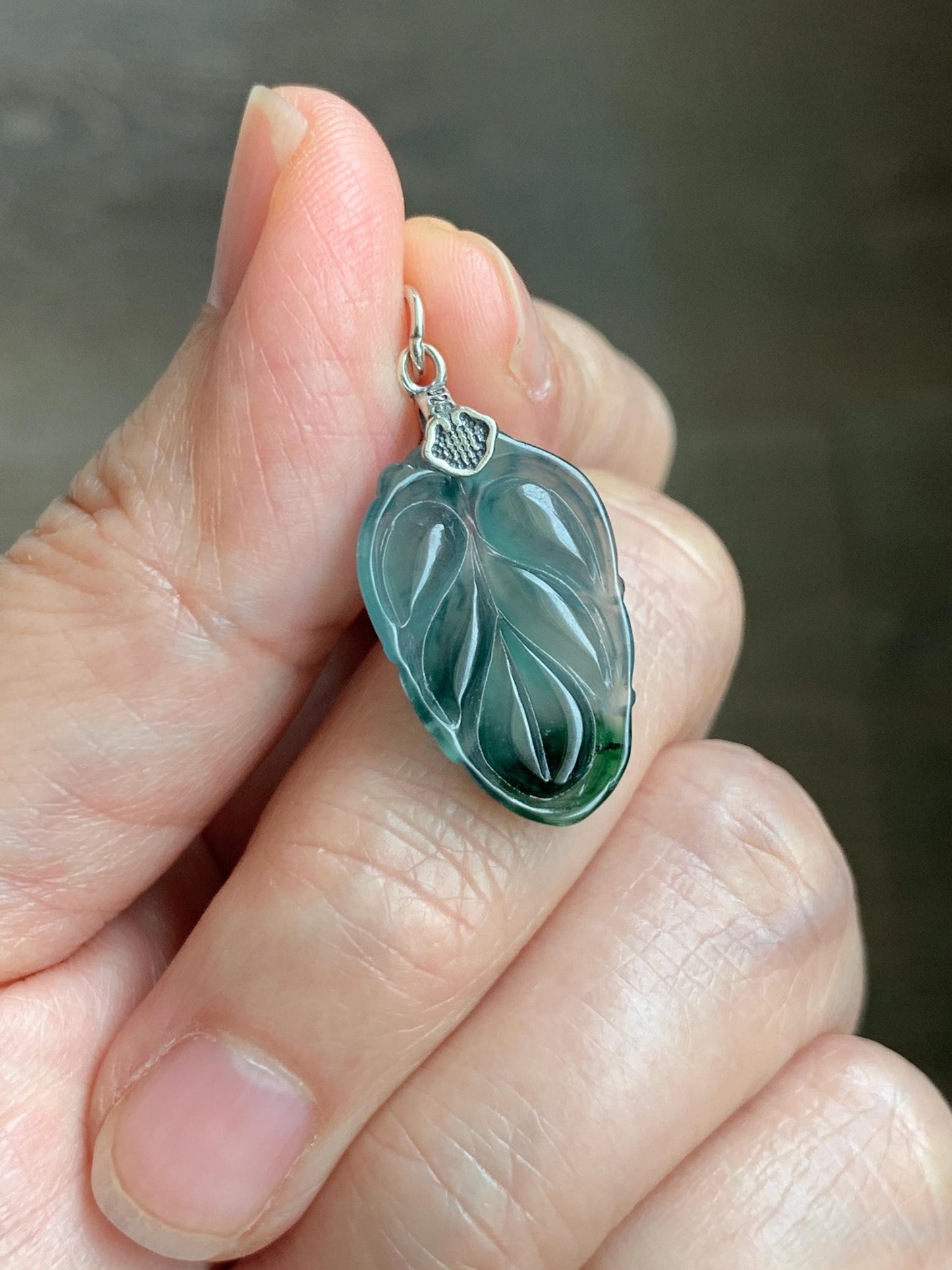 Natural Grade A Guatemalan Icy Translucent Teal Dark Green Marbled Jade Jadeite Carved Leaf Pendant Sterling Silver 天然冰胶危深蓝翡翠大叶有成银镶吊坠 WLD55C