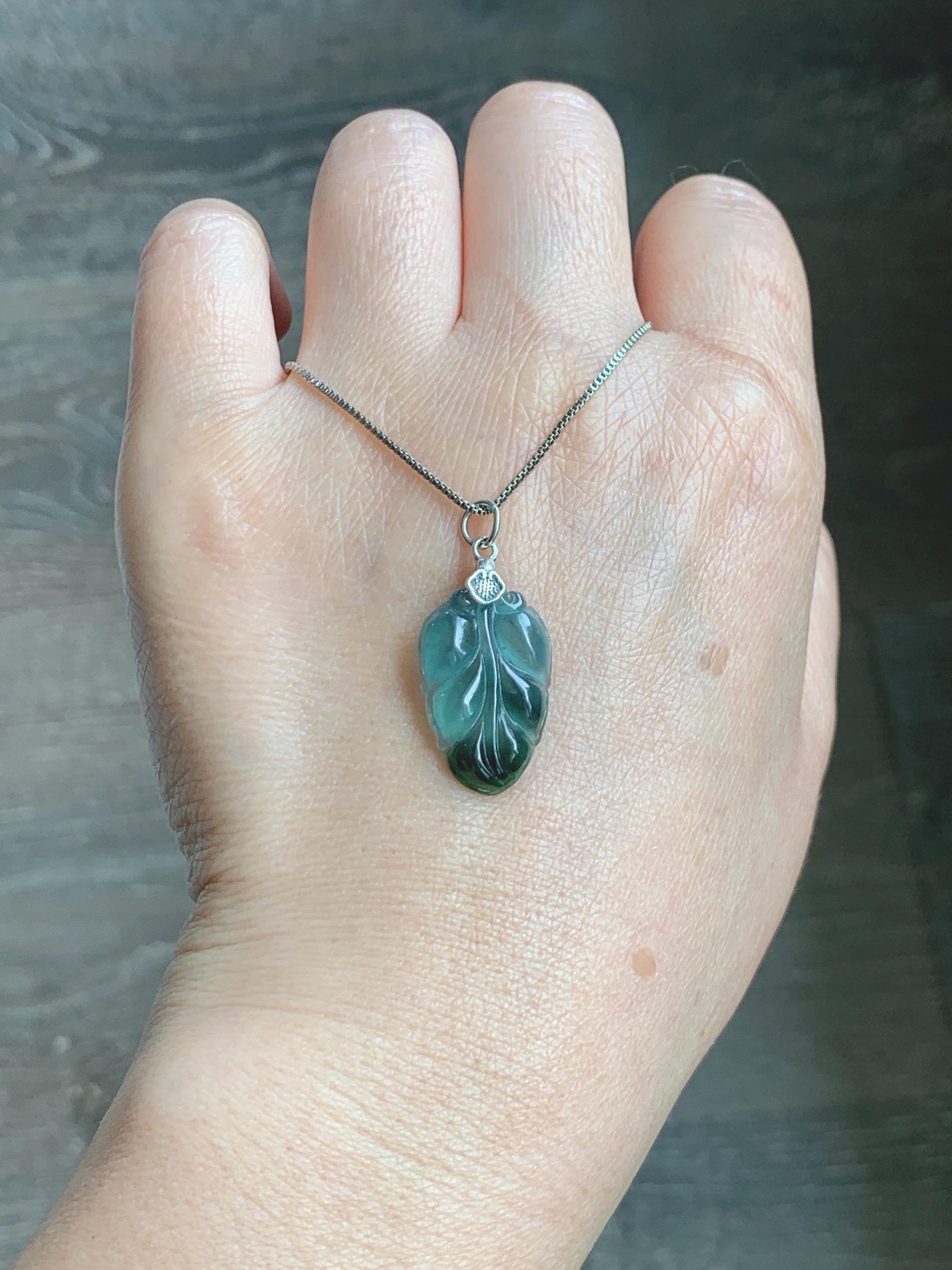 Natural Grade A Guatemalan Icy Translucent Teal Dark Green Marbled Jade Jadeite Carved Leaf Pendant Sterling Silver 天然冰胶危深蓝翡翠大叶有成银镶吊坠 WLD55C