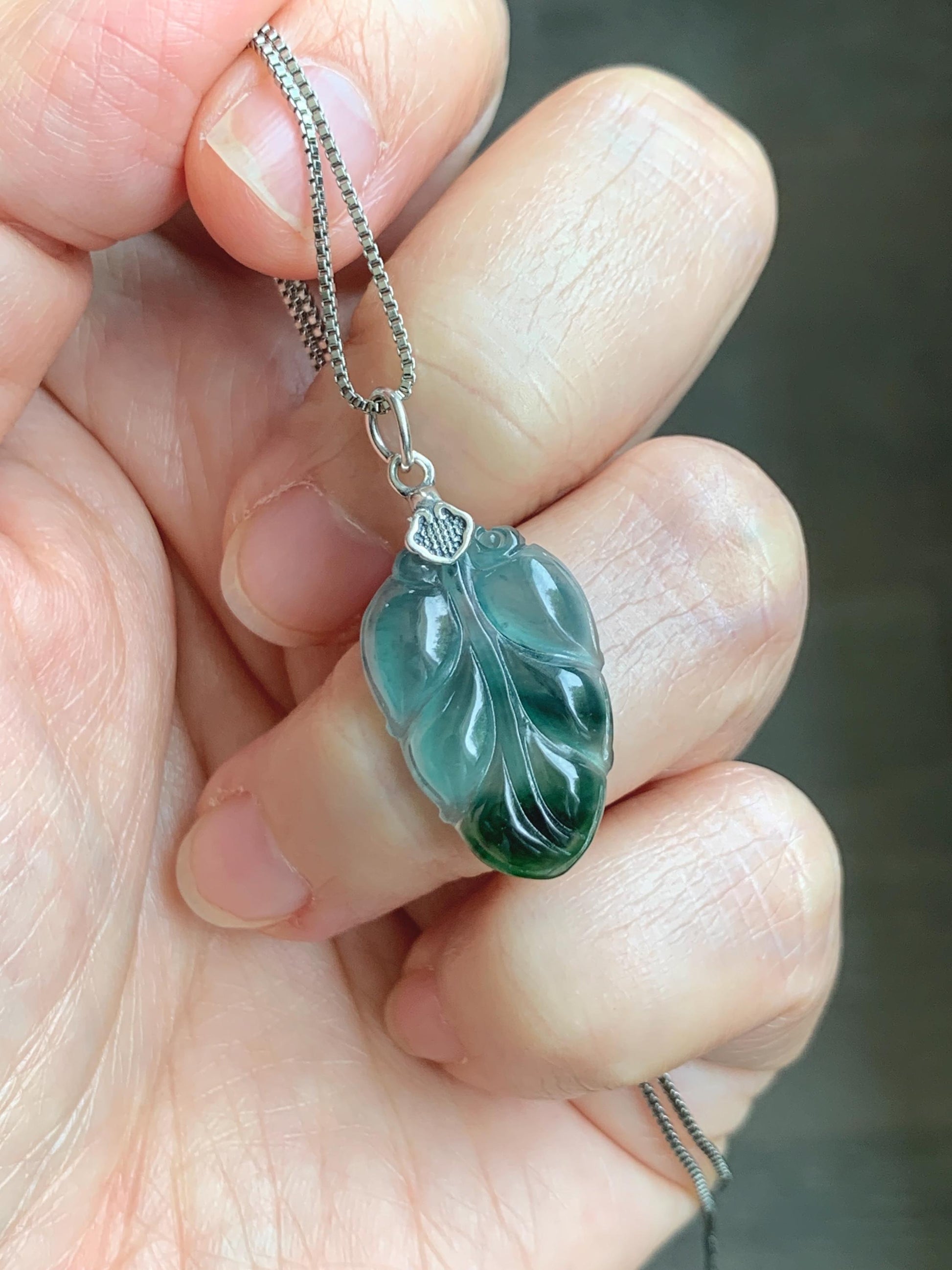 Natural Grade A Guatemalan Icy Translucent Teal Dark Green Marbled Jade Jadeite Carved Leaf Pendant Sterling Silver 天然冰胶危深蓝翡翠大叶有成银镶吊坠 WLD55C