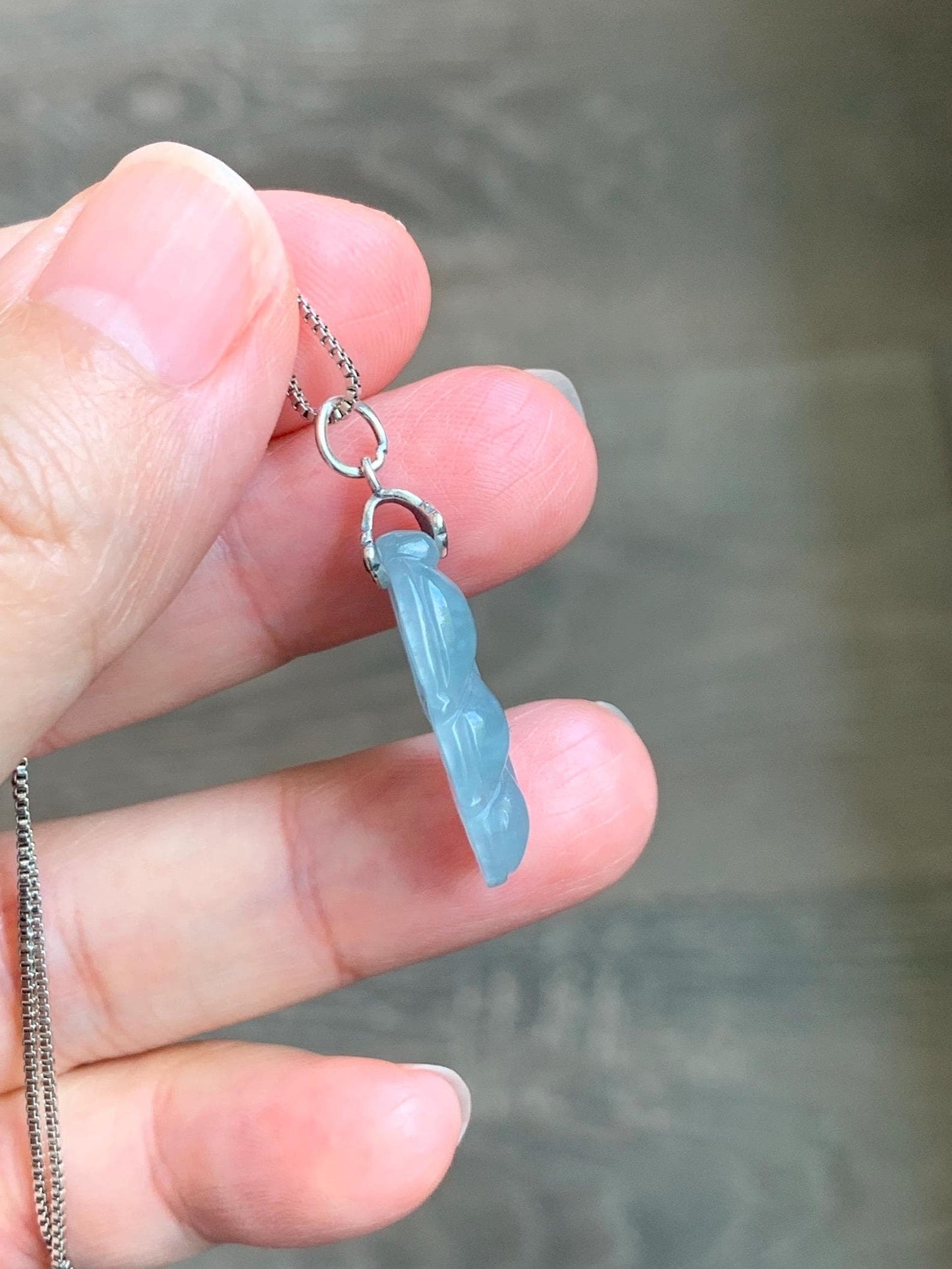 Natural Grade A Guatemalan Icy Translucent Light Dusty Blue Jade Jadeite Carved Leaf Pendant Sterling Silver 天然冰胶危浅蓝翡翠大叶有成银镶吊坠 WLD55D