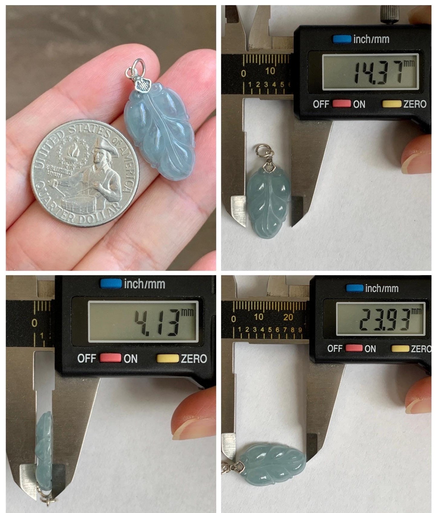 Natural Grade A Guatemalan Icy Translucent Light Dusty Blue Jade Jadeite Carved Leaf Pendant Sterling Silver 天然冰胶危浅蓝翡翠大叶有成银镶吊坠 WLD55D