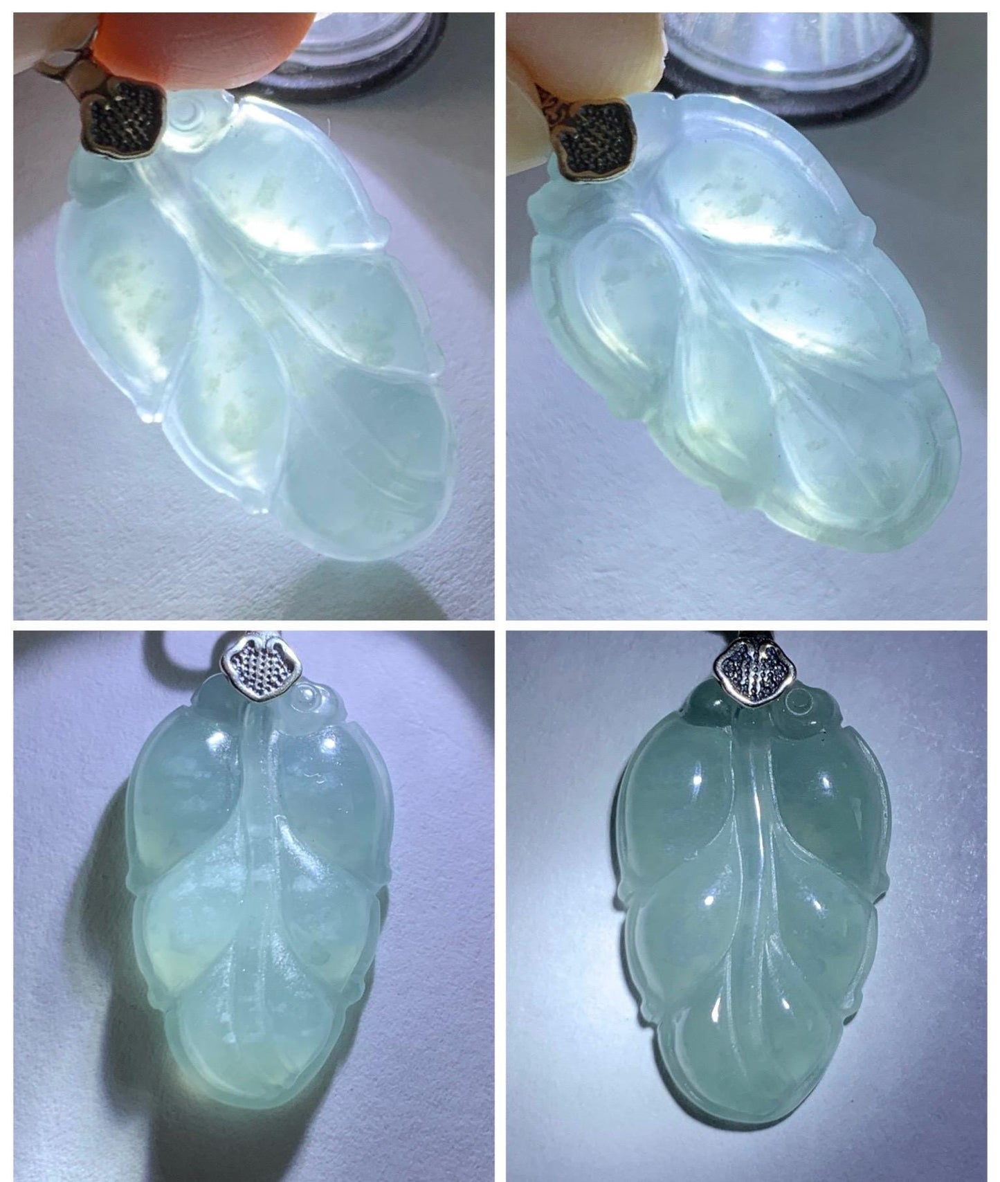 Natural Grade A Guatemalan Icy Translucent Light Dusty Blue Jade Jadeite Carved Leaf Pendant Sterling Silver 天然冰胶危浅蓝翡翠大叶有成银镶吊坠 WLD55D