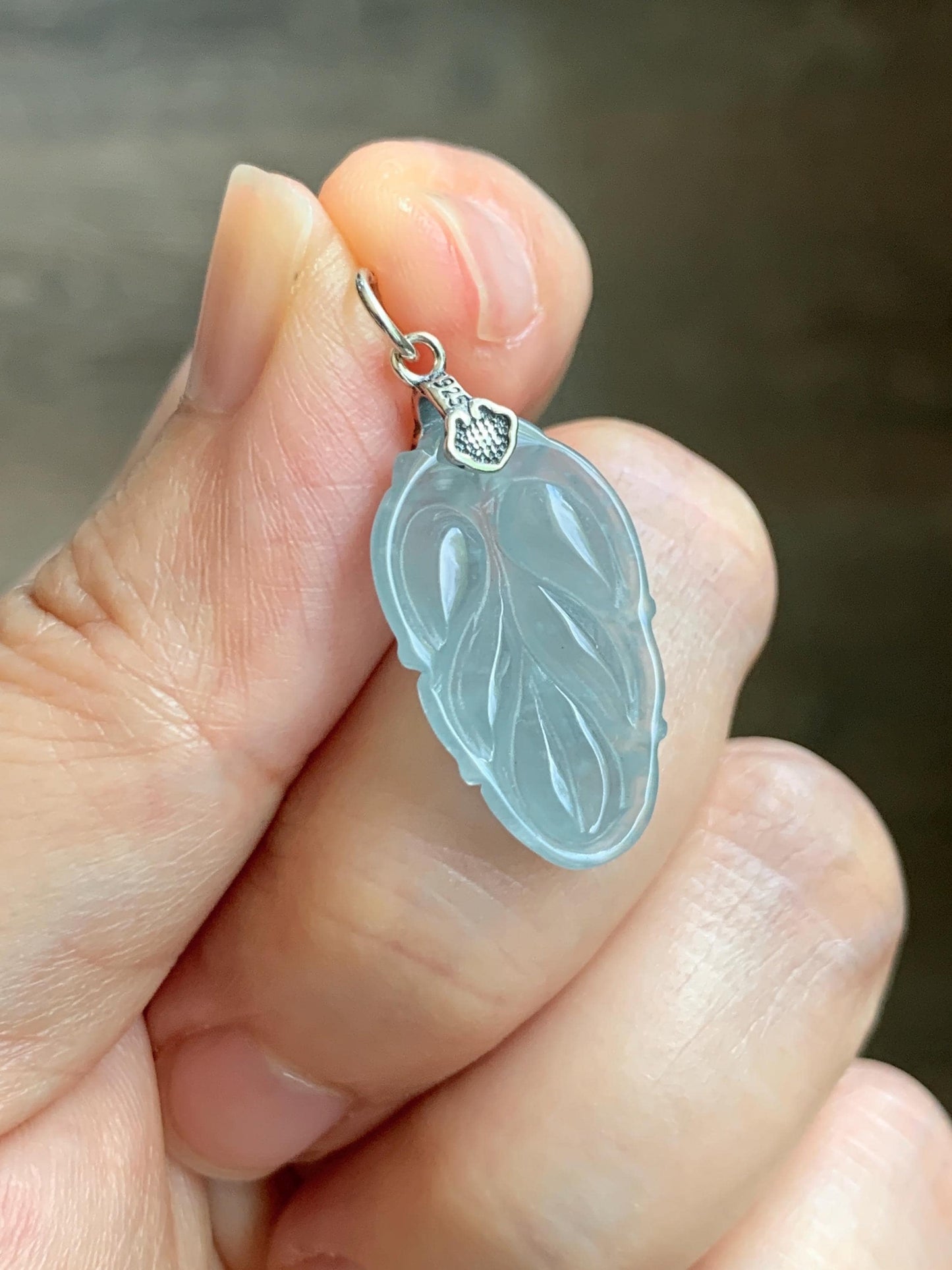 Natural Grade A Guatemalan Icy Translucent Light Dusty Blue Jade Jadeite Carved Leaf Pendant Sterling Silver 天然冰胶危浅蓝翡翠大叶有成银镶吊坠 WLD55D