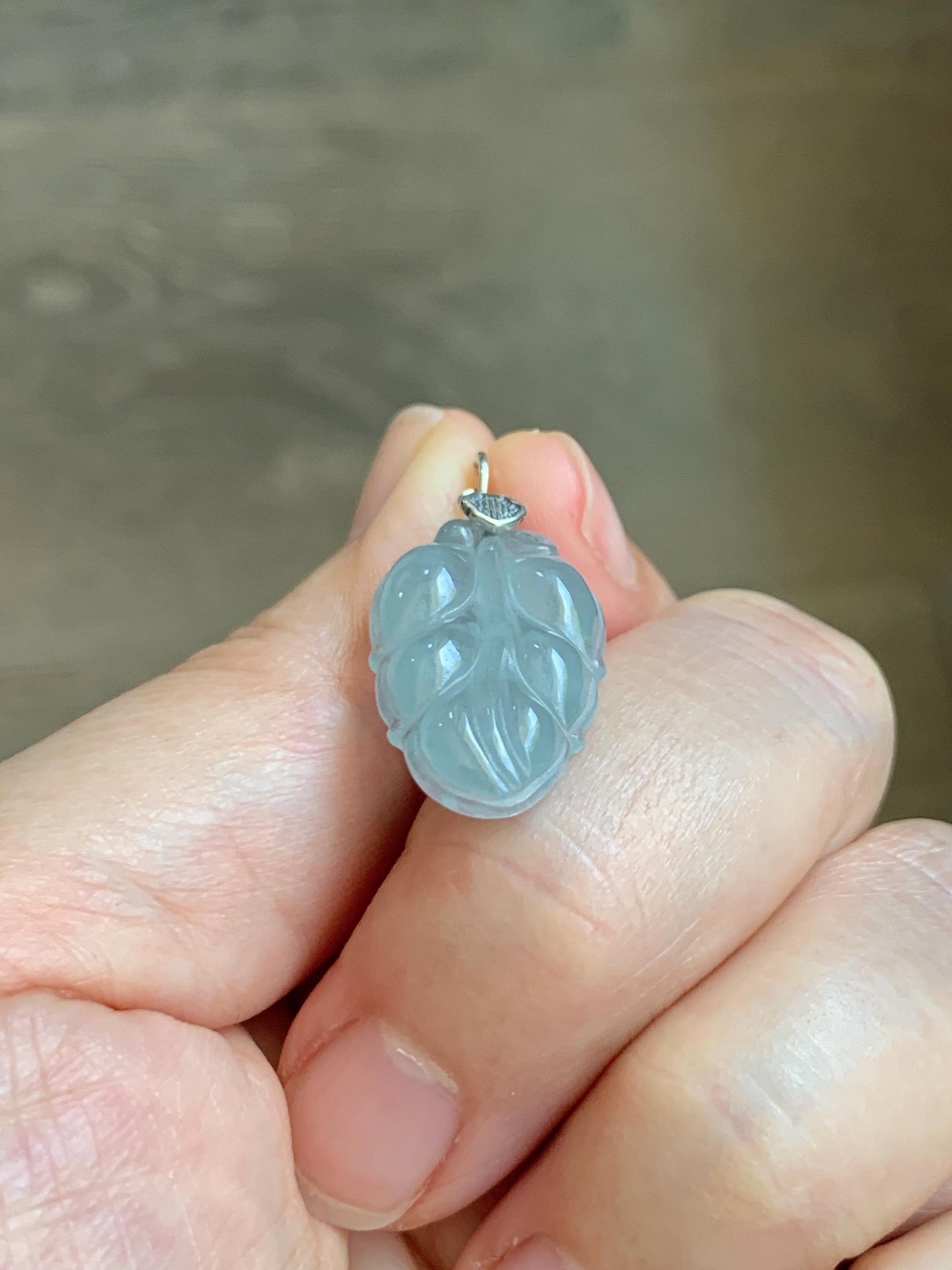 Natural Grade A Guatemalan Icy Translucent Light Dusty Blue Jade Jadeite Carved Leaf Pendant Sterling Silver 天然冰胶危浅蓝翡翠大叶有成银镶吊坠 WLD55D