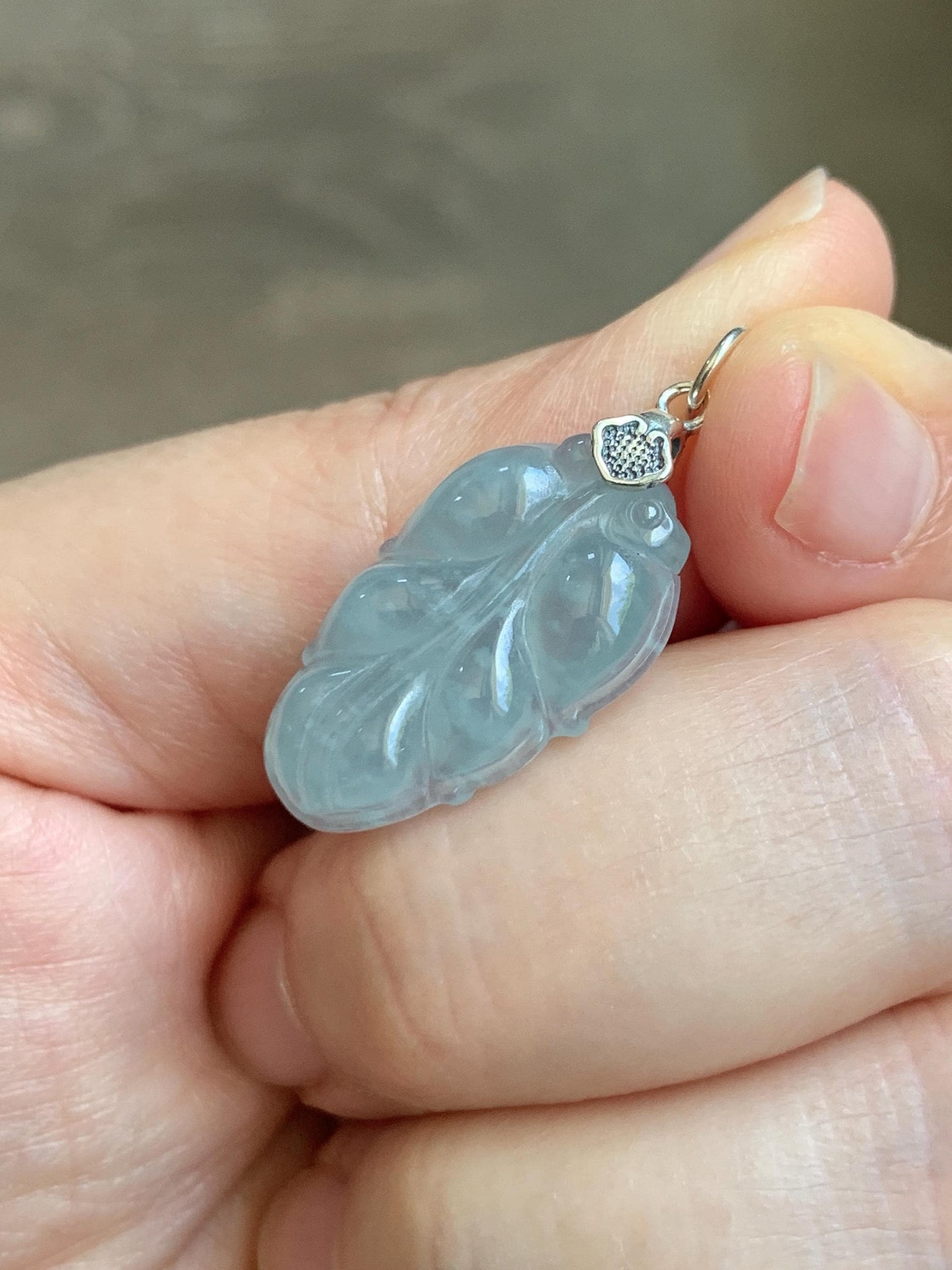 Natural Grade A Guatemalan Icy Translucent Light Dusty Blue Jade Jadeite Carved Leaf Pendant Sterling Silver 天然冰胶危浅蓝翡翠大叶有成银镶吊坠 WLD55D