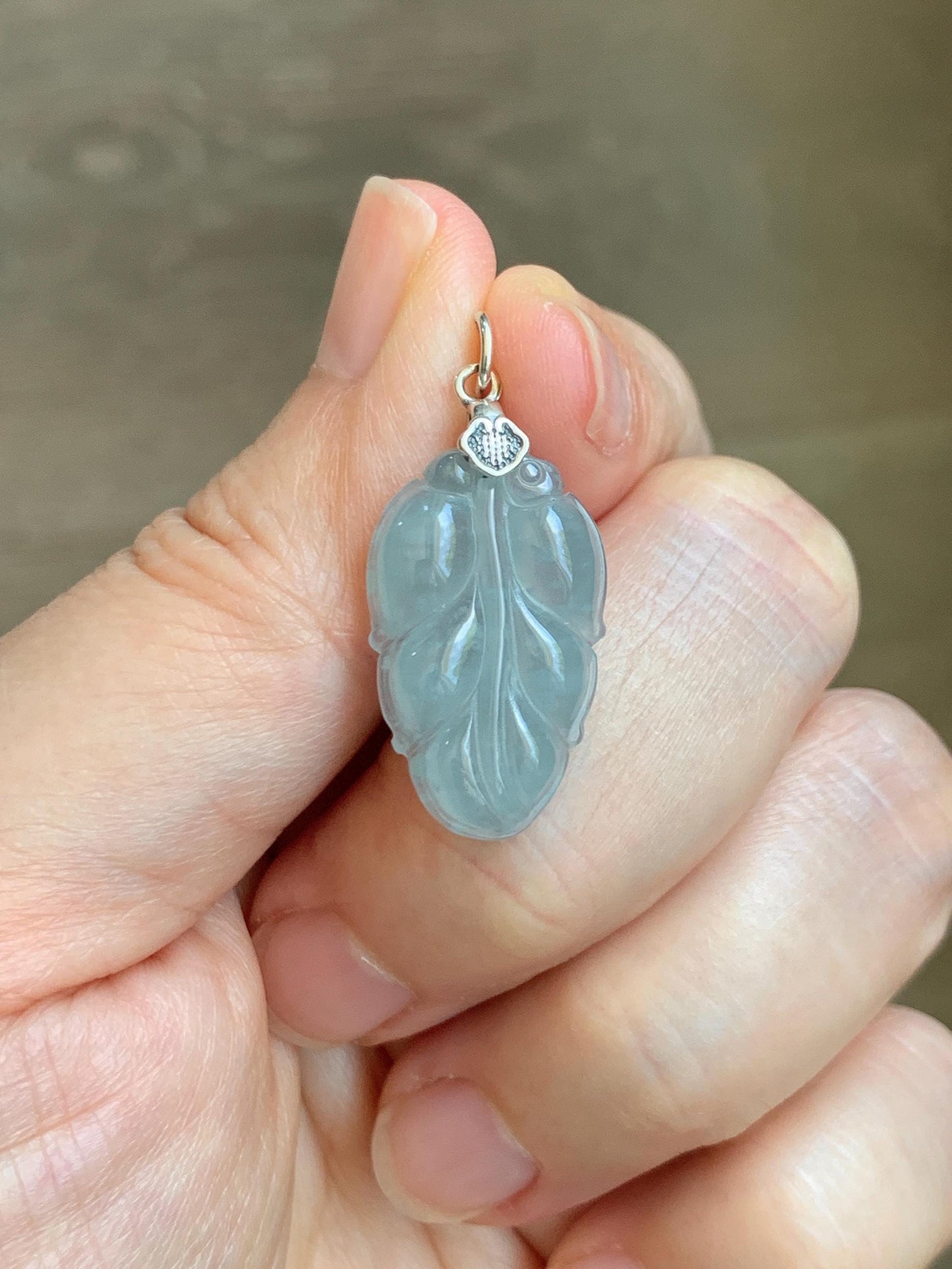 Natural Grade A Guatemalan Icy Translucent Light Dusty Blue Jade Jadeite Carved Leaf Pendant Sterling Silver 天然冰胶危浅蓝翡翠大叶有成银镶吊坠 WLD55D