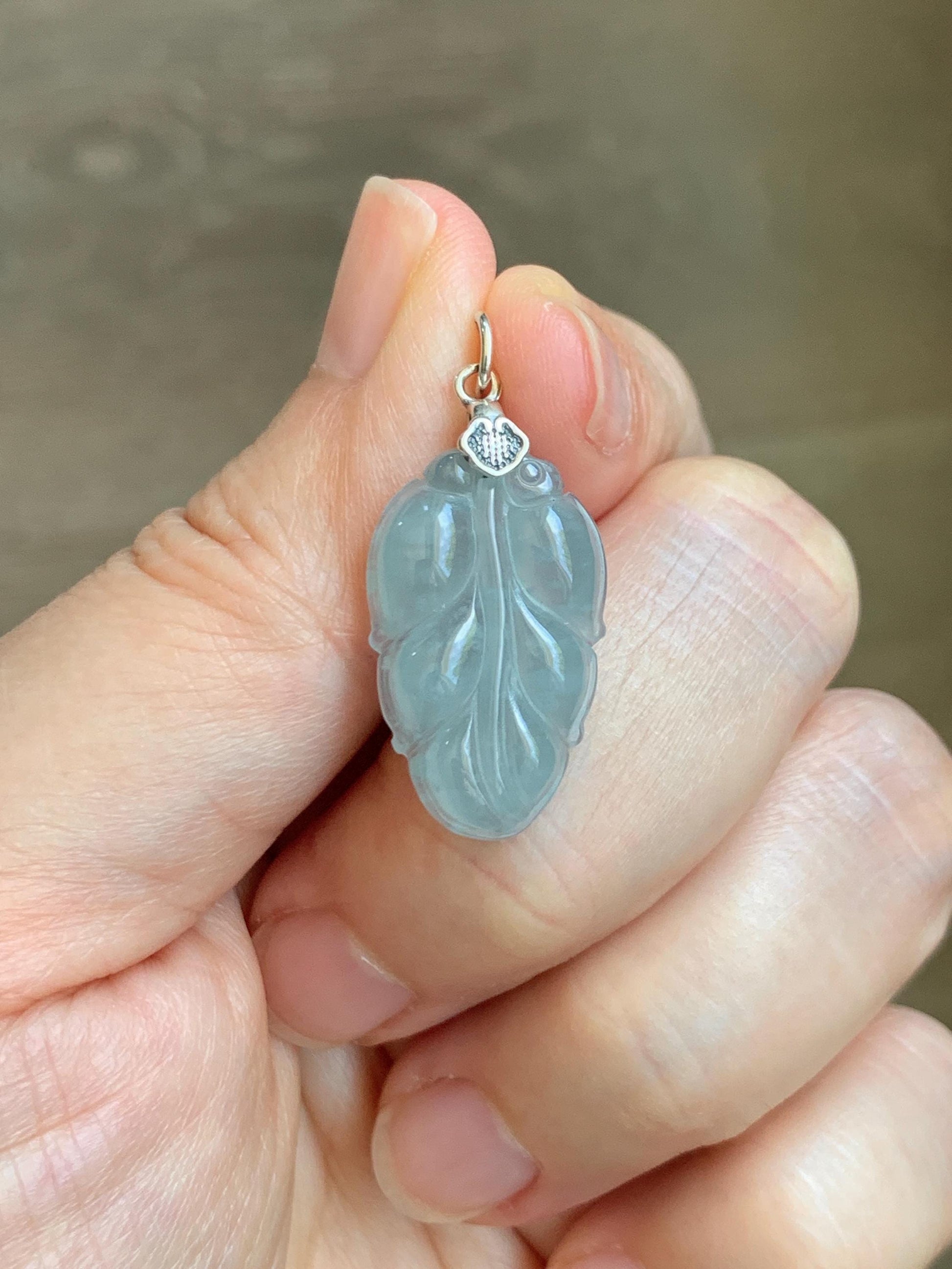 Natural Grade A Guatemalan Icy Translucent Light Dusty Blue Jade Jadeite Carved Leaf Pendant Sterling Silver 天然冰胶危浅蓝翡翠大叶有成银镶吊坠 WLD55D