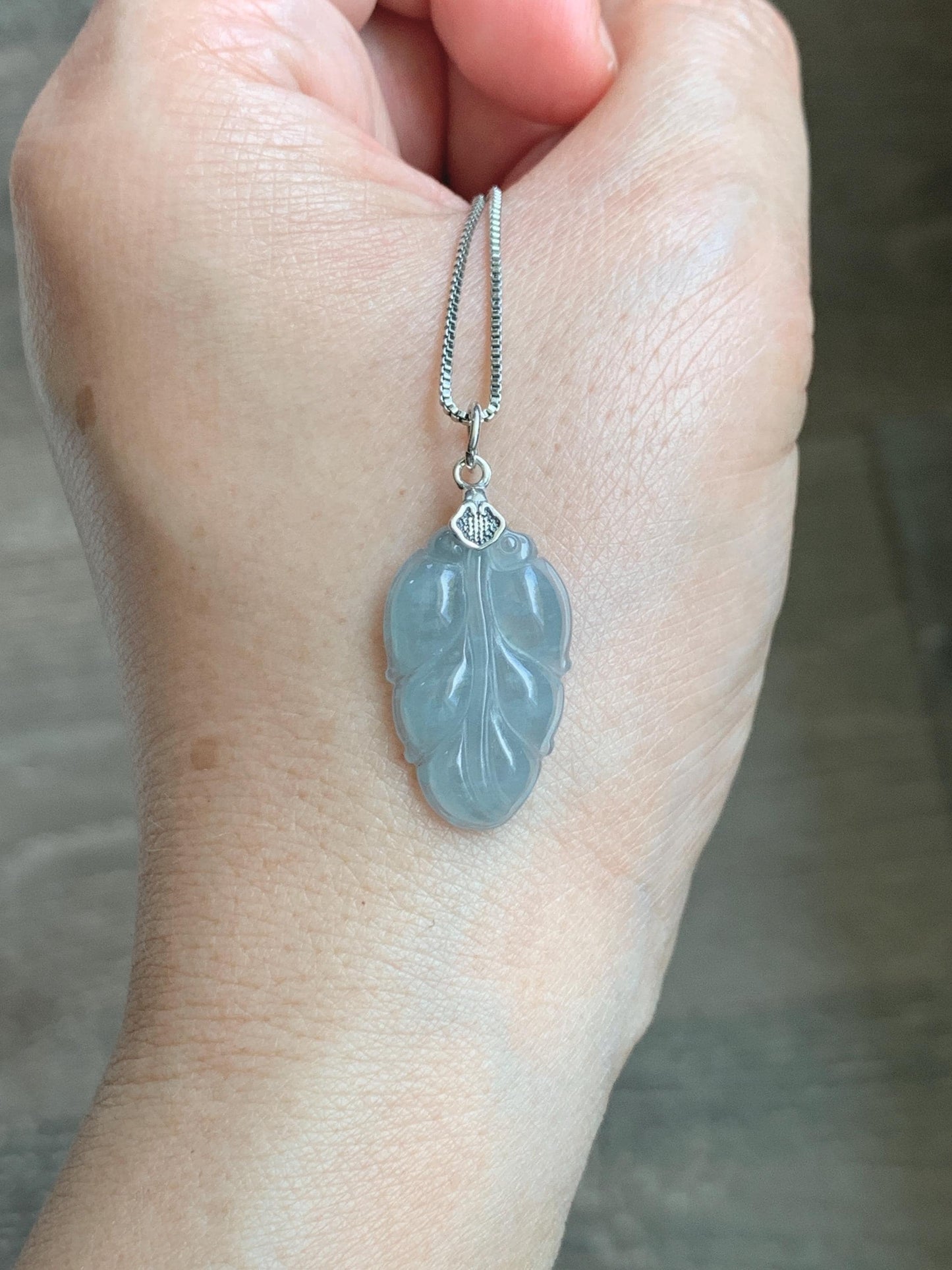 Natural Grade A Guatemalan Icy Translucent Light Dusty Blue Jade Jadeite Carved Leaf Pendant Sterling Silver 天然冰胶危浅蓝翡翠大叶有成银镶吊坠 WLD55D