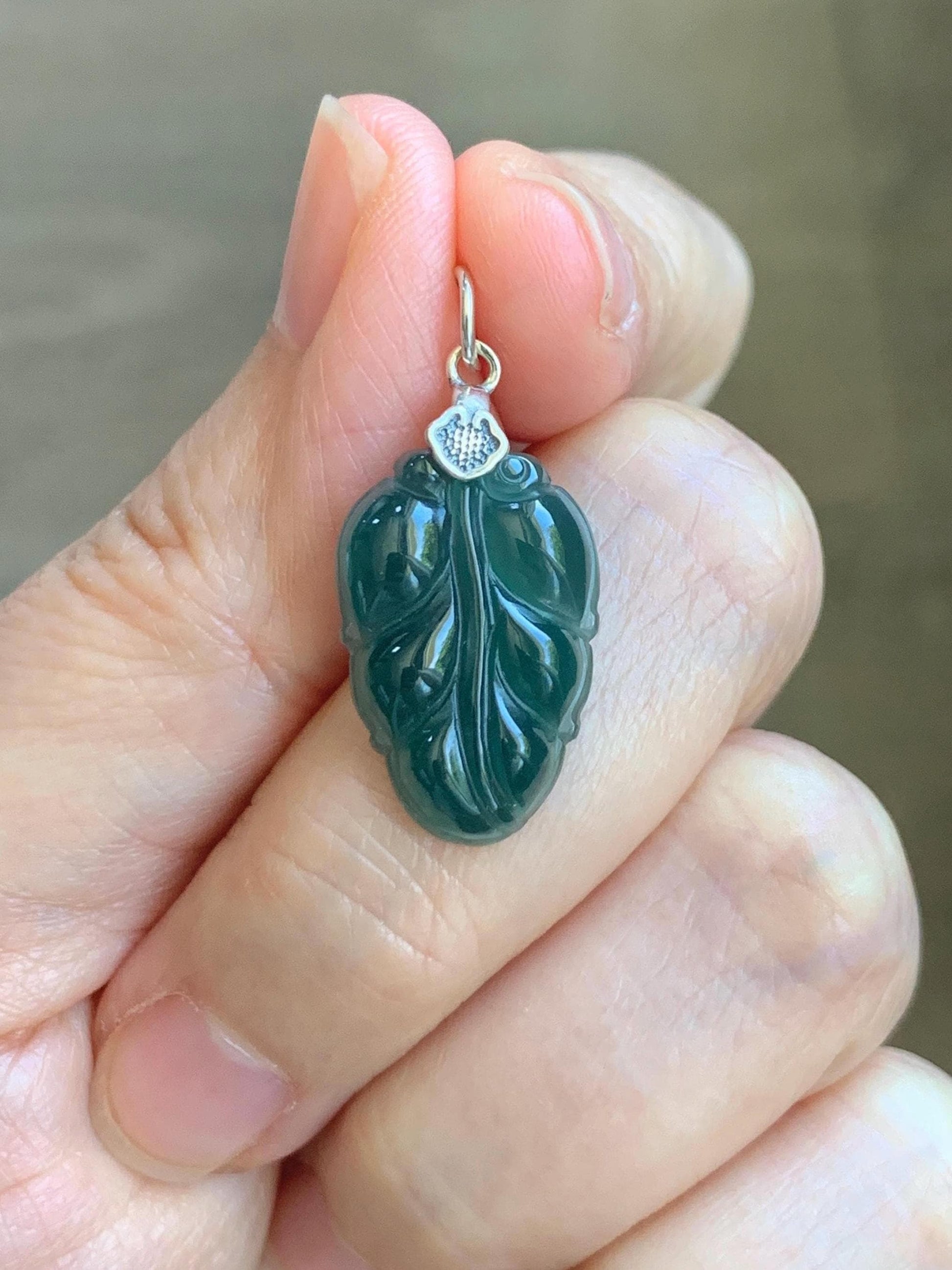 Natural Grade A Guatemalan Icy Translucent Dark Teal Blue Jade Jadeite Carved Leaf Small Pendant Sterling Silver 天然冰胶危深蓝翡翠大叶有成银镶吊坠 WLD55B