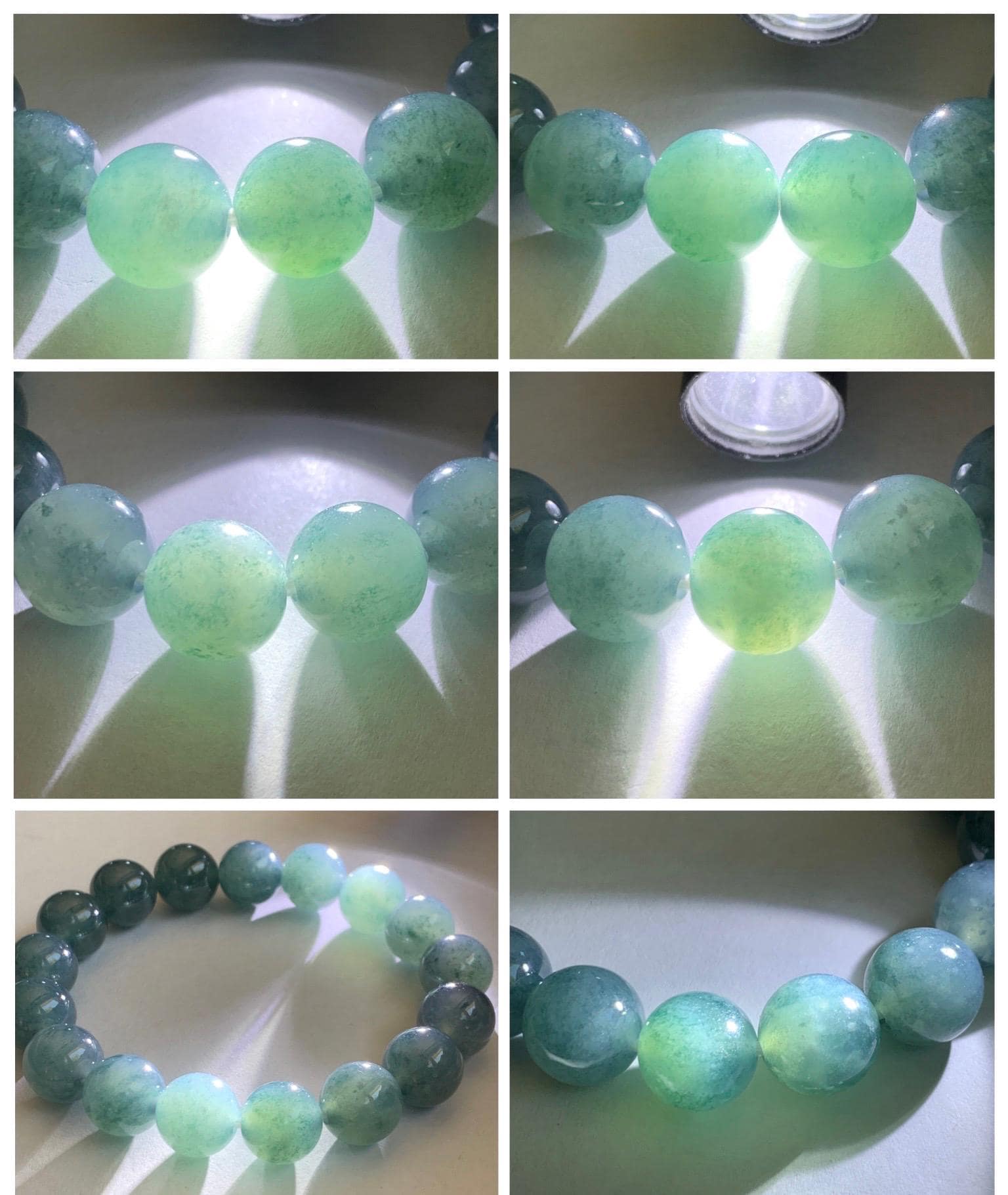 Certified Natural Grade A Guatemalan Icy Highly Translucent Blue Green Marble Jade Jadeite Beaded Bracelet 11.8mm 7.4” 48g 天然冰胶危蓝飘花翡翠手串 1167