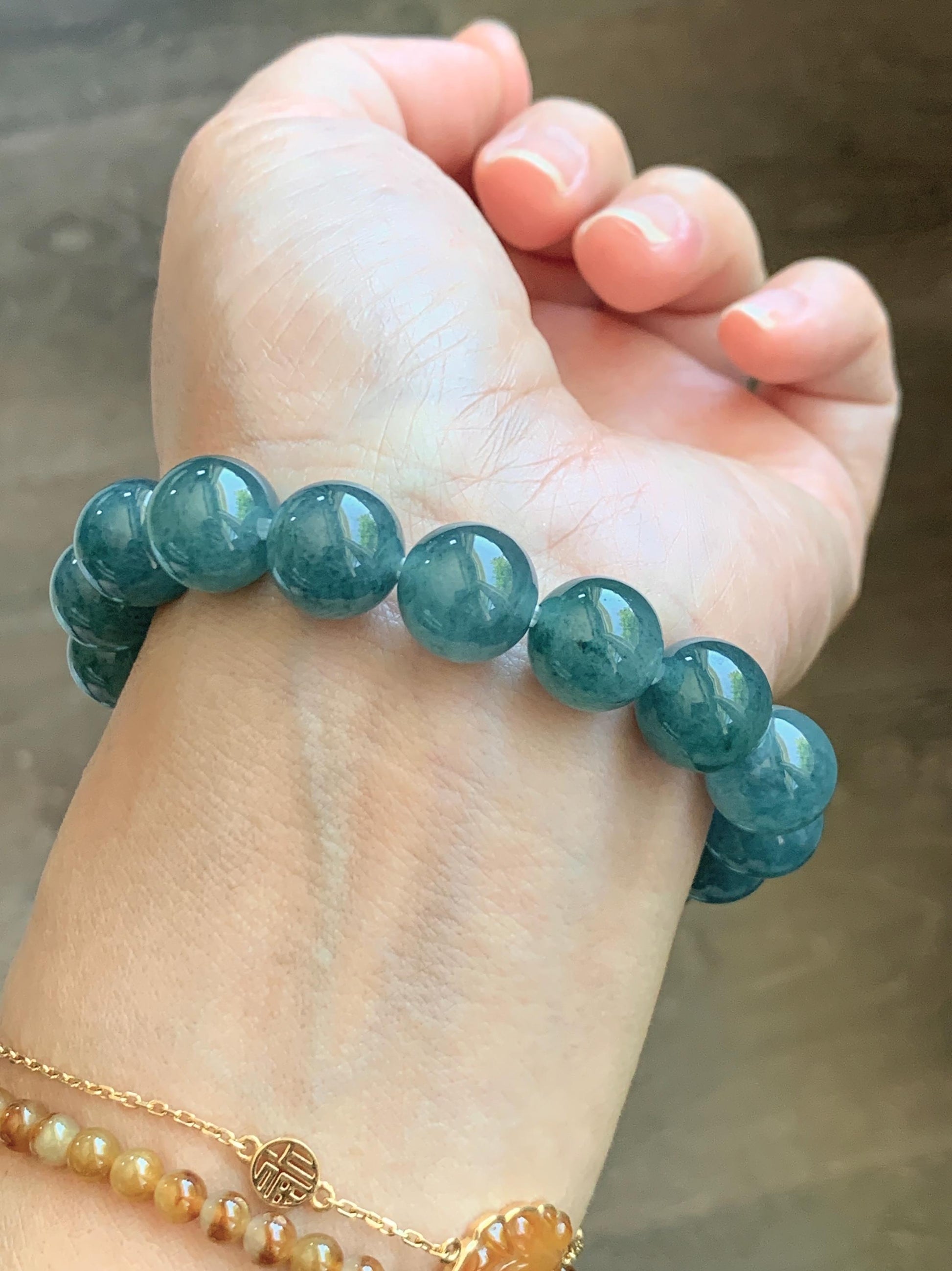 Certified Natural Grade A Guatemalan Icy Highly Translucent Blue Green Marble Jade Jadeite Beaded Bracelet 11.8mm 7.4” 48g 天然冰胶危蓝飘花翡翠手串 1167
