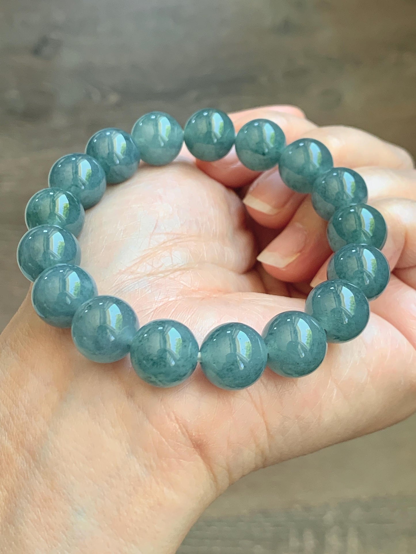 Certified Natural Grade A Guatemalan Icy Highly Translucent Blue Green Marble Jade Jadeite Beaded Bracelet 11.8mm 7.4” 48g 天然冰胶危蓝飘花翡翠手串 1167