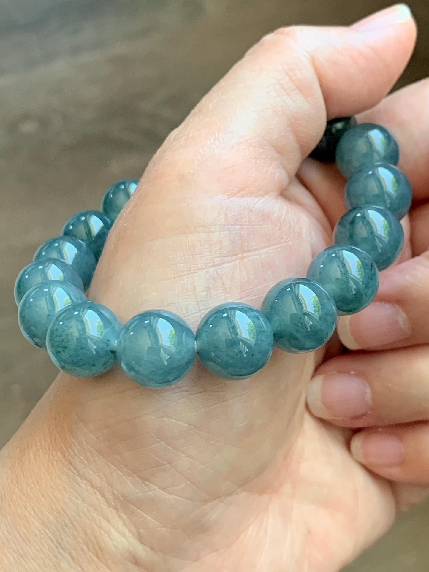 Certified Natural Grade A Guatemalan Icy Highly Translucent Blue Green Marble Jade Jadeite Beaded Bracelet 11.8mm 7.4” 48g 天然冰胶危蓝飘花翡翠手串 1167