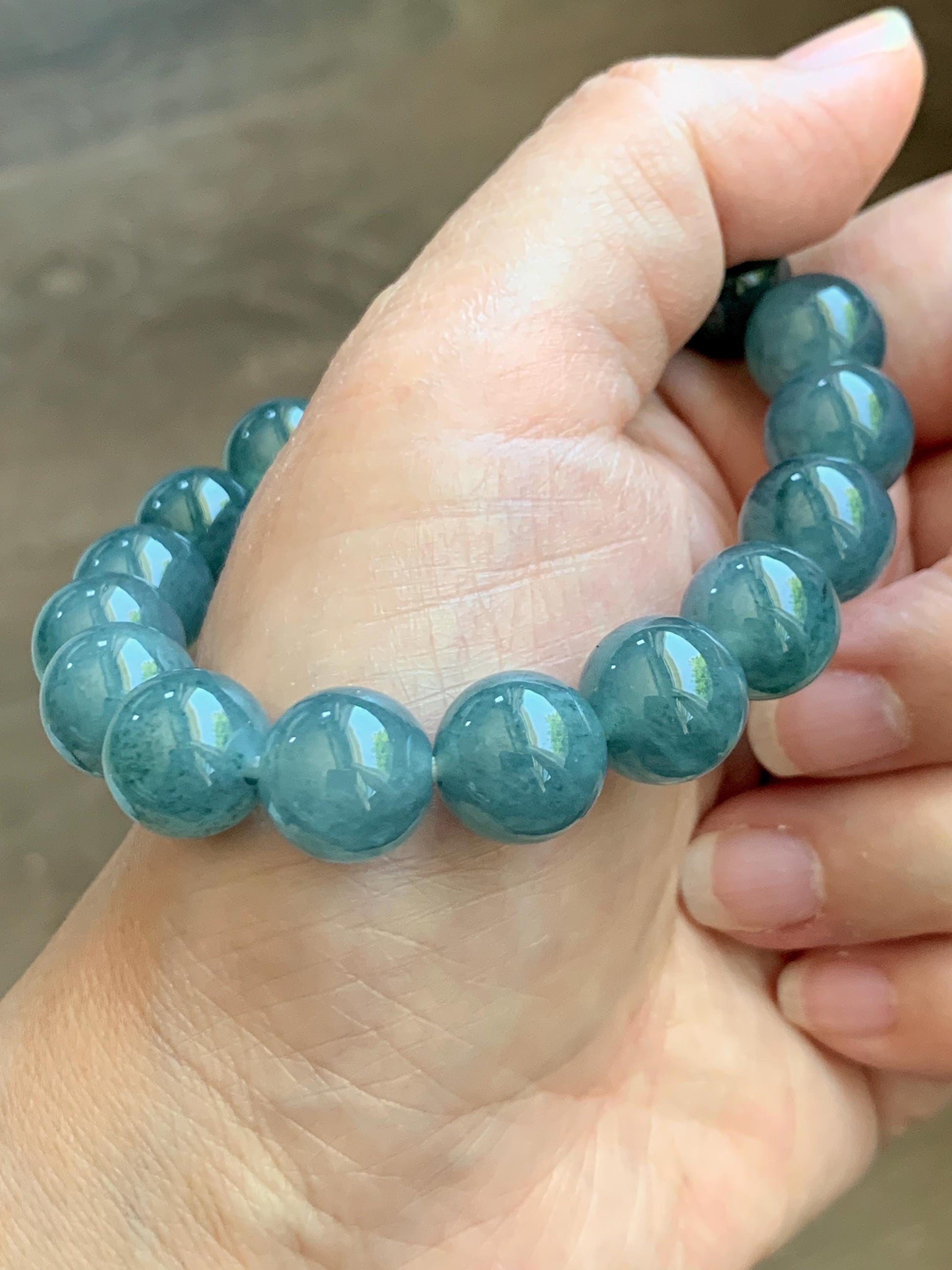 Certified Natural Grade A Guatemalan Icy Highly Translucent Blue Green Marble Jade Jadeite Beaded Bracelet 11.8mm 7.4” 48g 天然冰胶危蓝飘花翡翠手串 1167