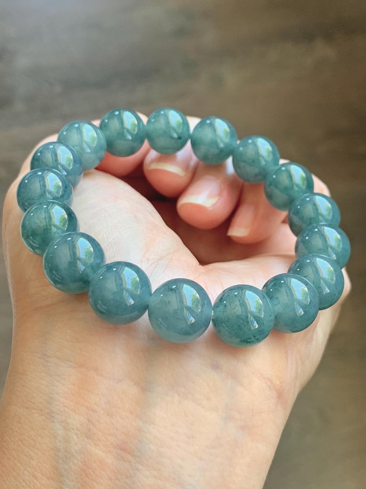Certified Natural Grade A Guatemalan Icy Highly Translucent Blue Green Marble Jade Jadeite Beaded Bracelet 11.8mm 7.4” 48g 天然冰胶危蓝飘花翡翠手串 1167
