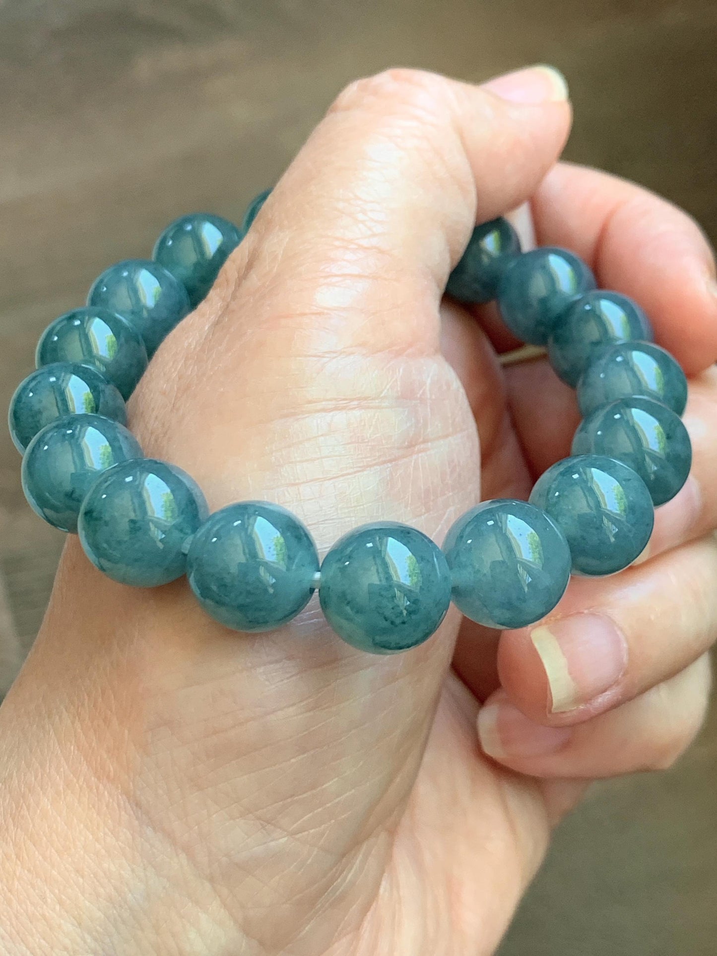 Certified Natural Grade A Guatemalan Icy Highly Translucent Blue Green Marble Jade Jadeite Beaded Bracelet 11.8mm 7.4” 48g 天然冰胶危蓝飘花翡翠手串 1167