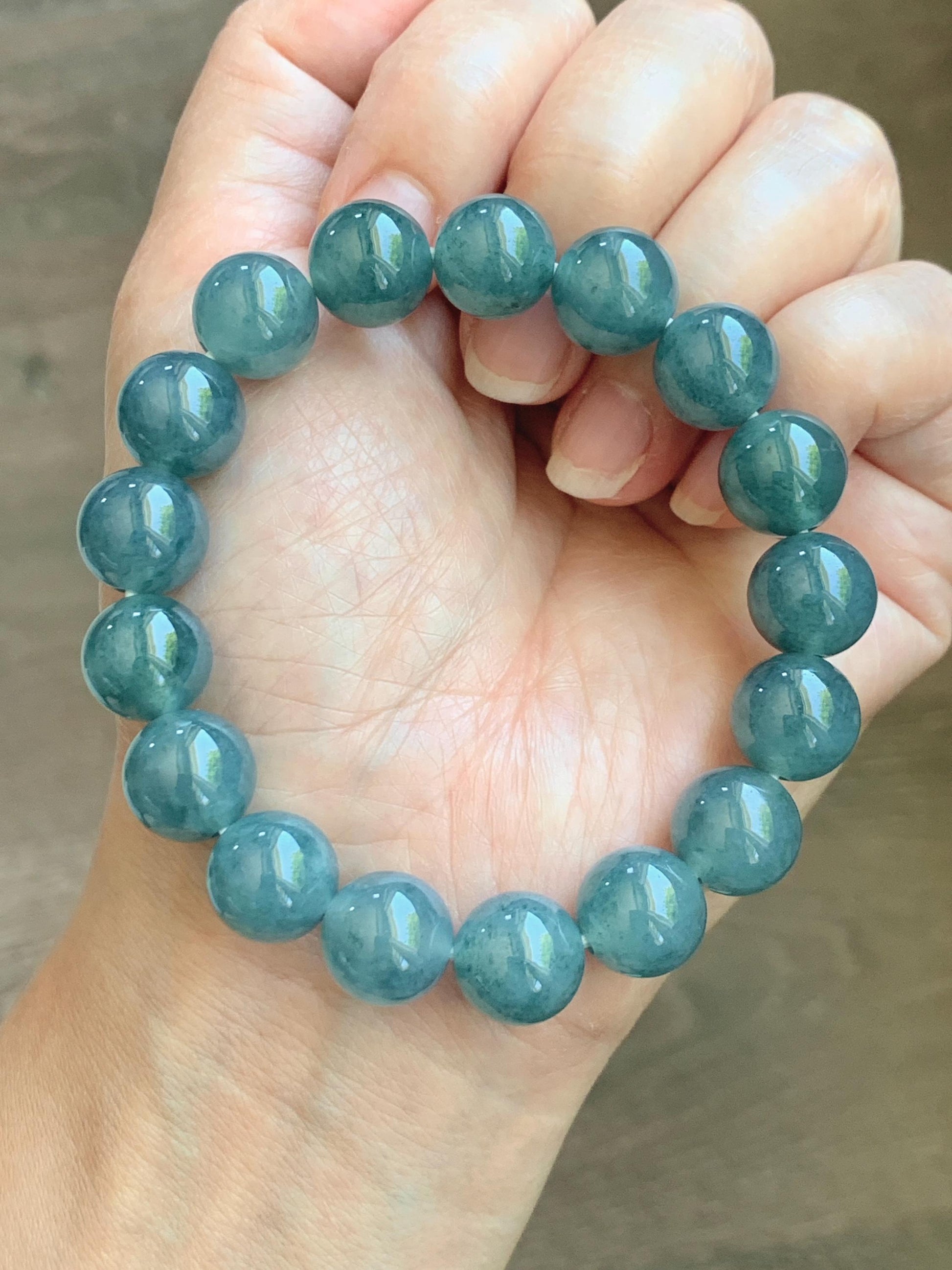 Certified Natural Grade A Guatemalan Icy Highly Translucent Blue Green Marble Jade Jadeite Beaded Bracelet 11.8mm 7.4” 48g 天然冰胶危蓝飘花翡翠手串 1167