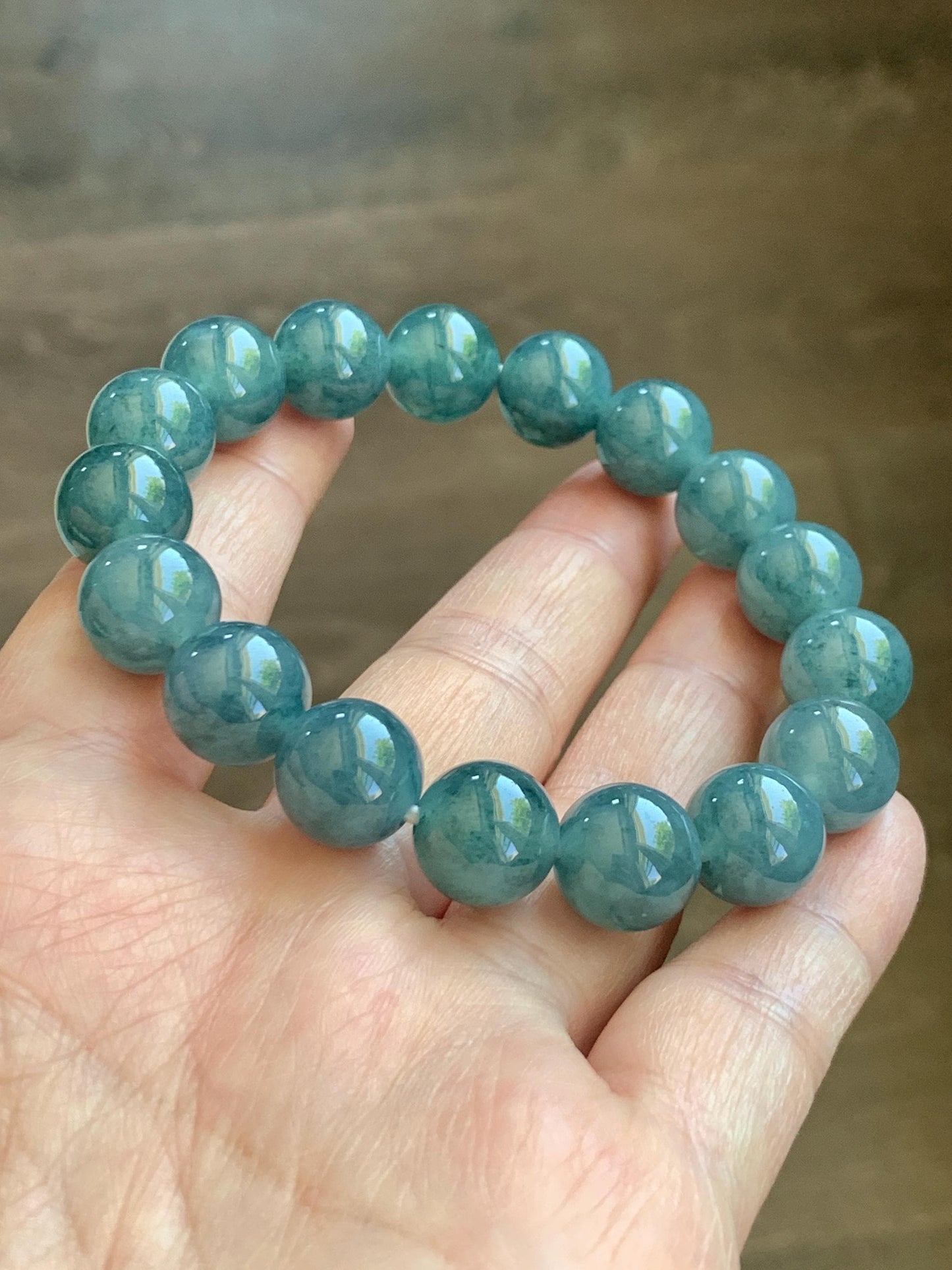Certified Natural Grade A Guatemalan Icy Highly Translucent Blue Green Marble Jade Jadeite Beaded Bracelet 11.8mm 7.4” 48g 天然冰胶危蓝飘花翡翠手串 1167