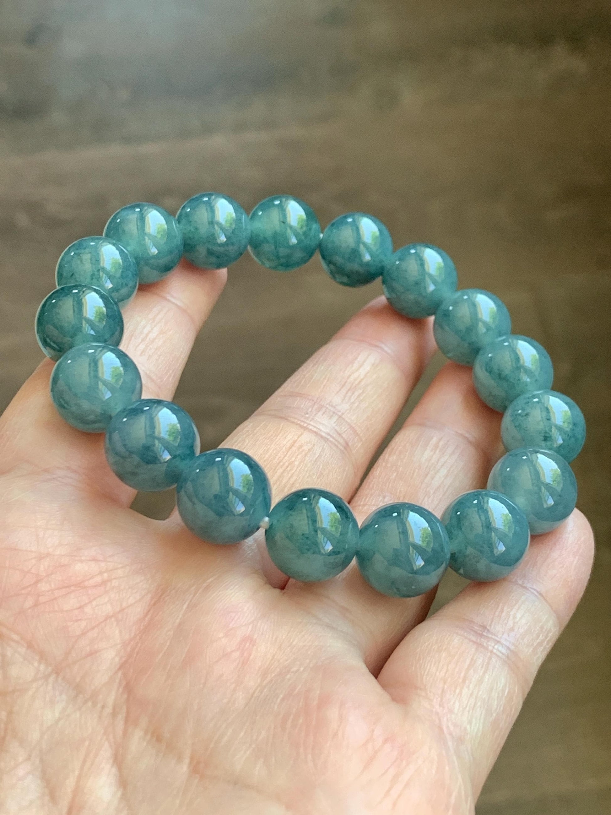 Certified Natural Grade A Guatemalan Icy Highly Translucent Blue Green Marble Jade Jadeite Beaded Bracelet 11.8mm 7.4” 48g 天然冰胶危蓝飘花翡翠手串 1167