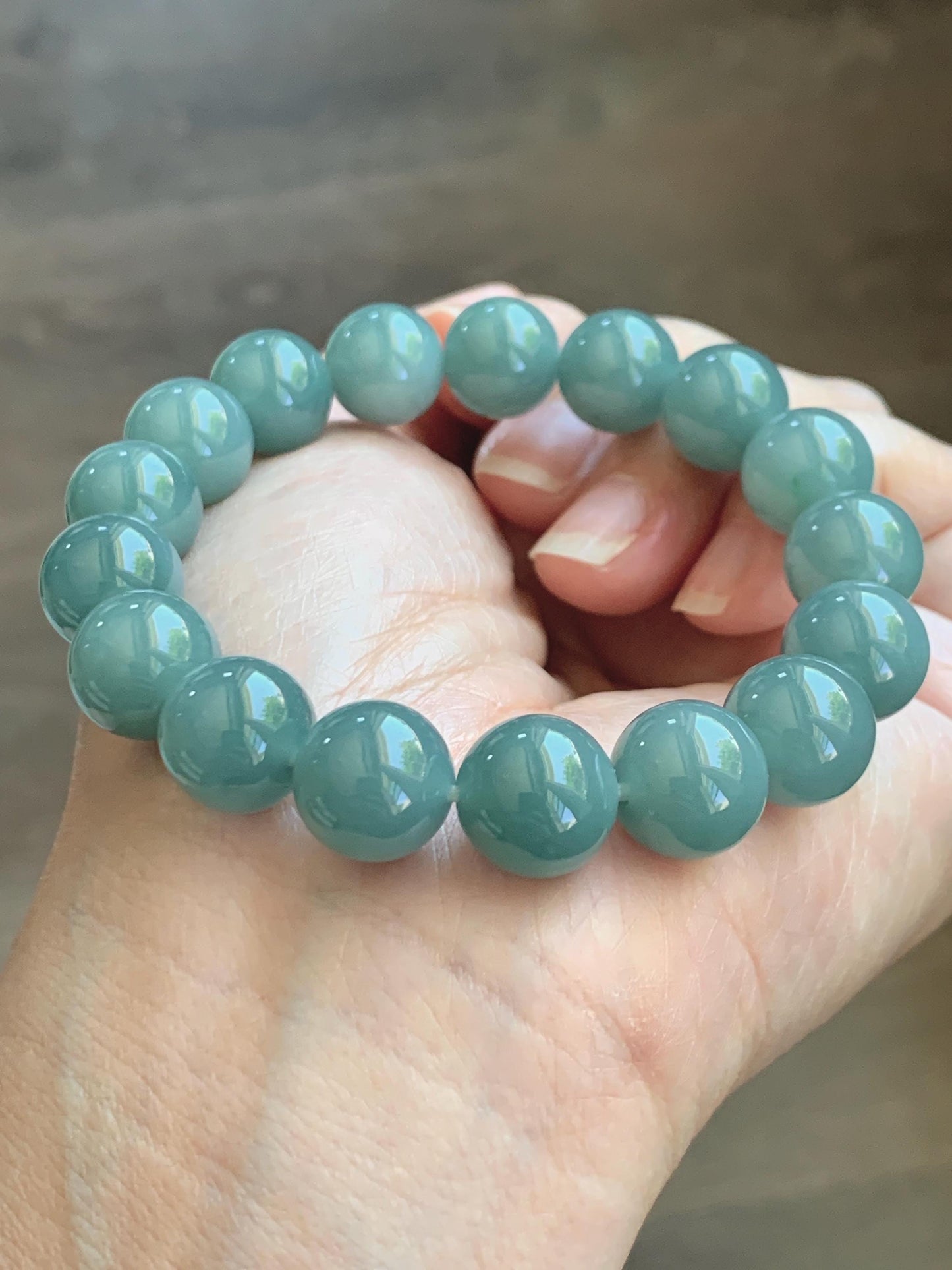 Natural Grade A Guatemalan Icy Translucent Dusty Teal Green Jade Jadeite Beaded Bracelet 11.7mm 7.3” 47g 天然冰危蓝绿翡翠手串 WDK220