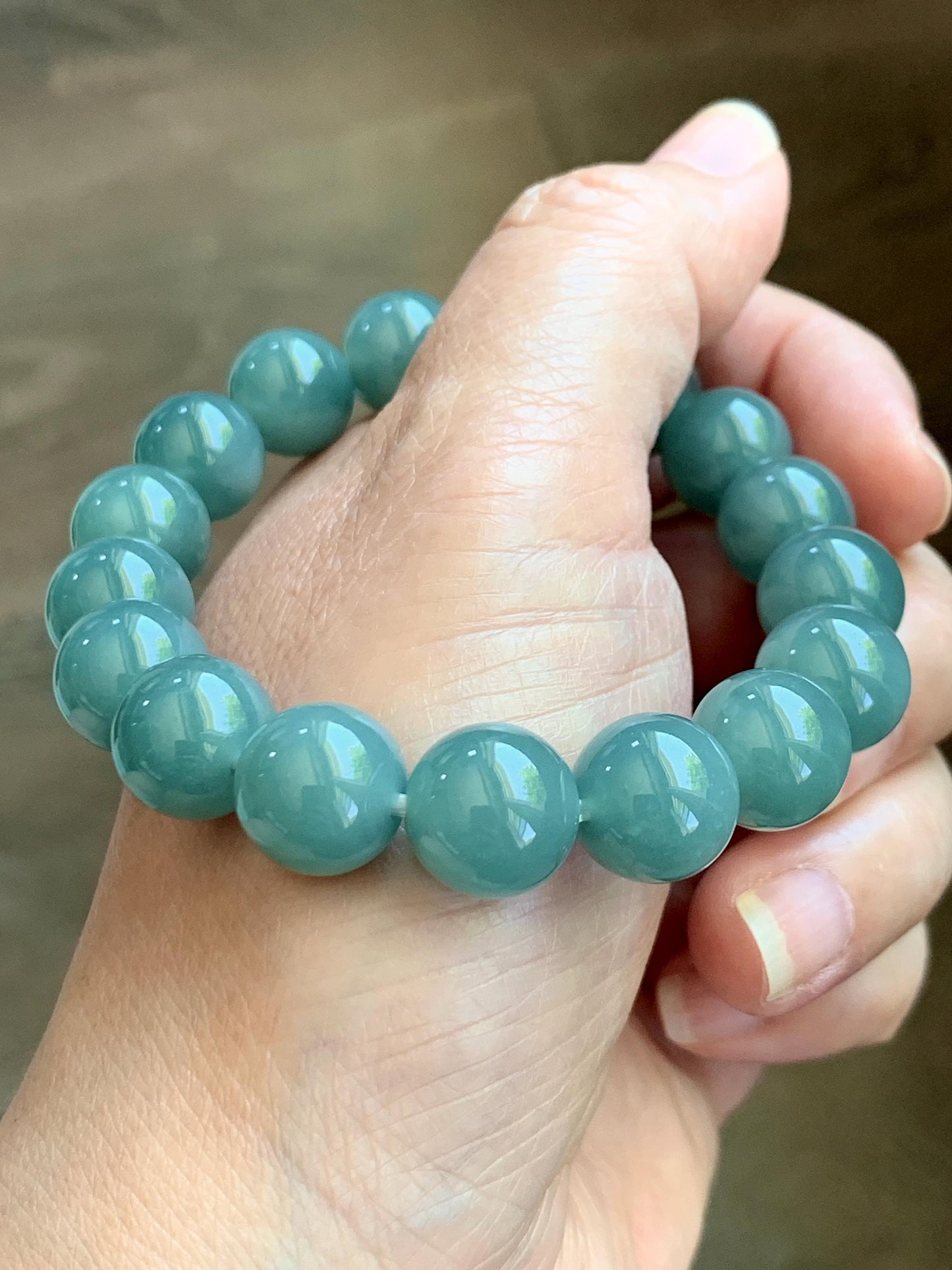 Natural Grade A Guatemalan Icy Translucent Dusty Teal Green Jade Jadeite Beaded Bracelet 11.7mm 7.3” 47g 天然冰危蓝绿翡翠手串 WDK220